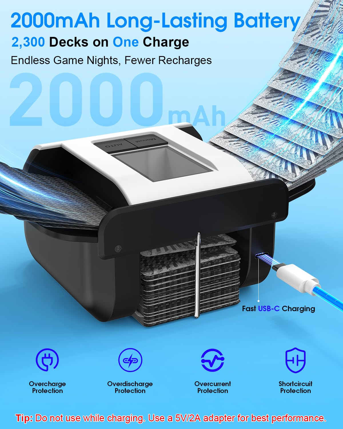 Rechargeable Automatic Card Shuffler, Dual Modes (Auto & Semi-Auto), 1-2 Deck Capacity with Leather Case & Waterproof Cards - Image 3