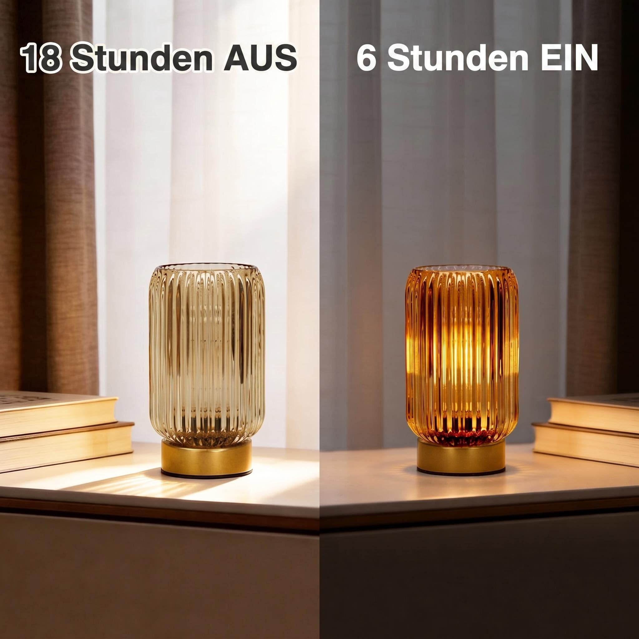 MJ PREMIER 2er-Set Tischlampe Kabellose, Batteriebetriebene Nachttischlampe mit 6H Timer, gelber geriffelter Glasschirm, Vintage Dekoleuchte ohne Stromkabel, kleine Tischleuchte für Innenräume