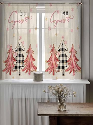 Miniatura 5 de Juego de 2 paneles de cortinas traslúcidas para ventana de árbol de Navidad, cortinas de 54 pulgadas de largo para cocina, dormitorio, sala de