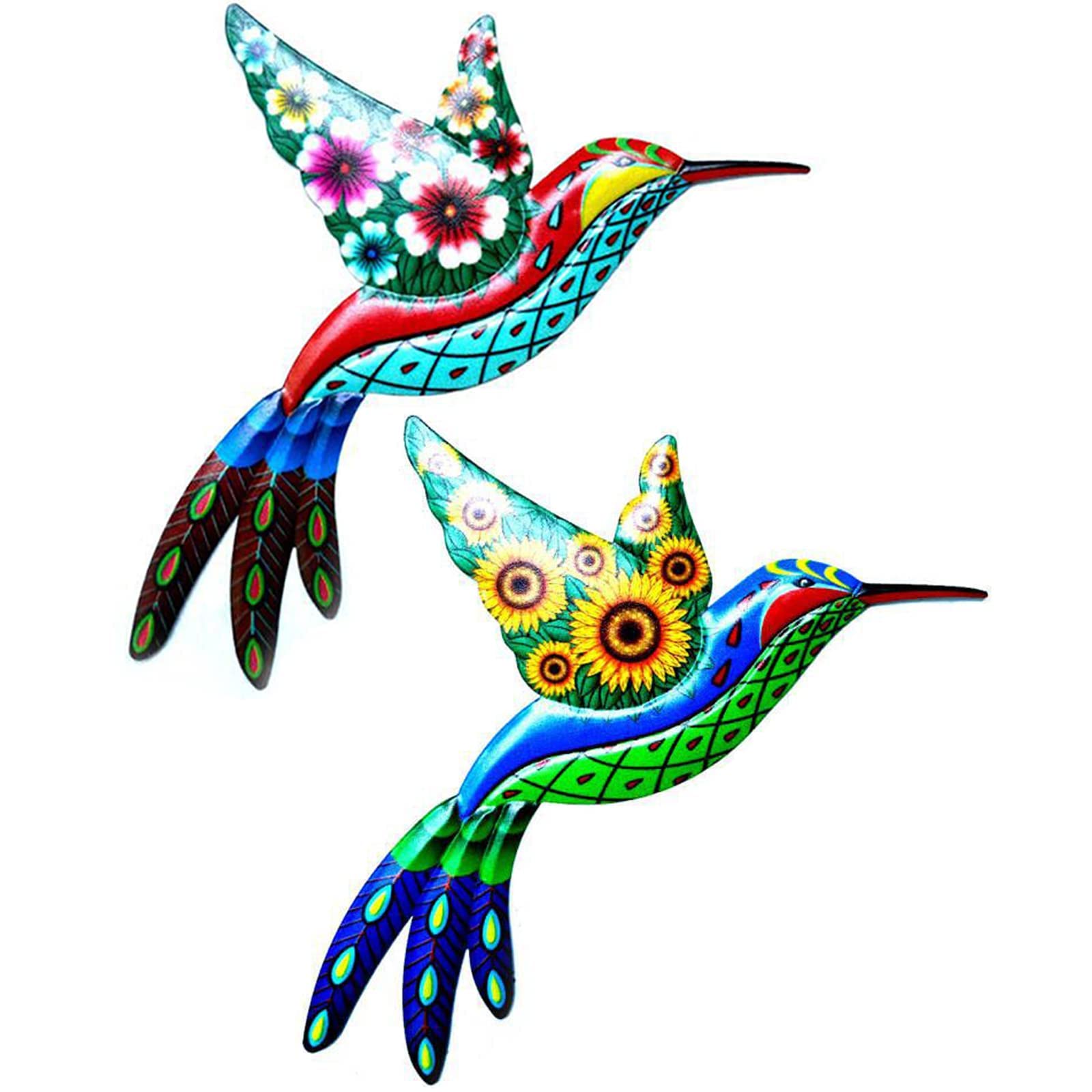 SYOSI Metal Hummingbird Wall Decoration, Wrought Iron Sculptures Colorful Hanging Decor for Indoor Outdoor Yard Lawn Garden Tree Fence (2Pcs)