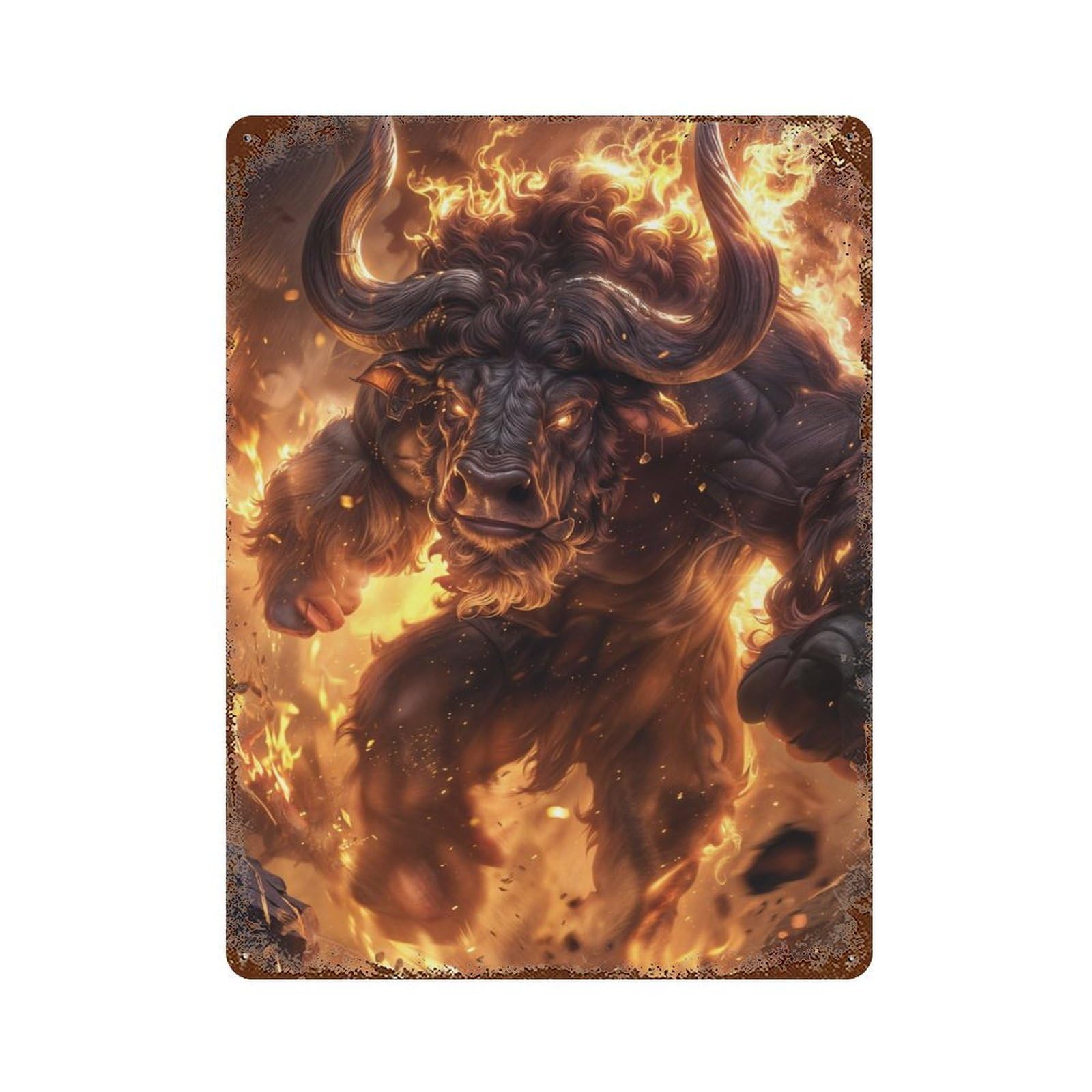 Flaming Minotaur Charge Rustic Tin Plaque 15.7"x11.8", Ideal for Shed, Workshop And Garage Wall Decor