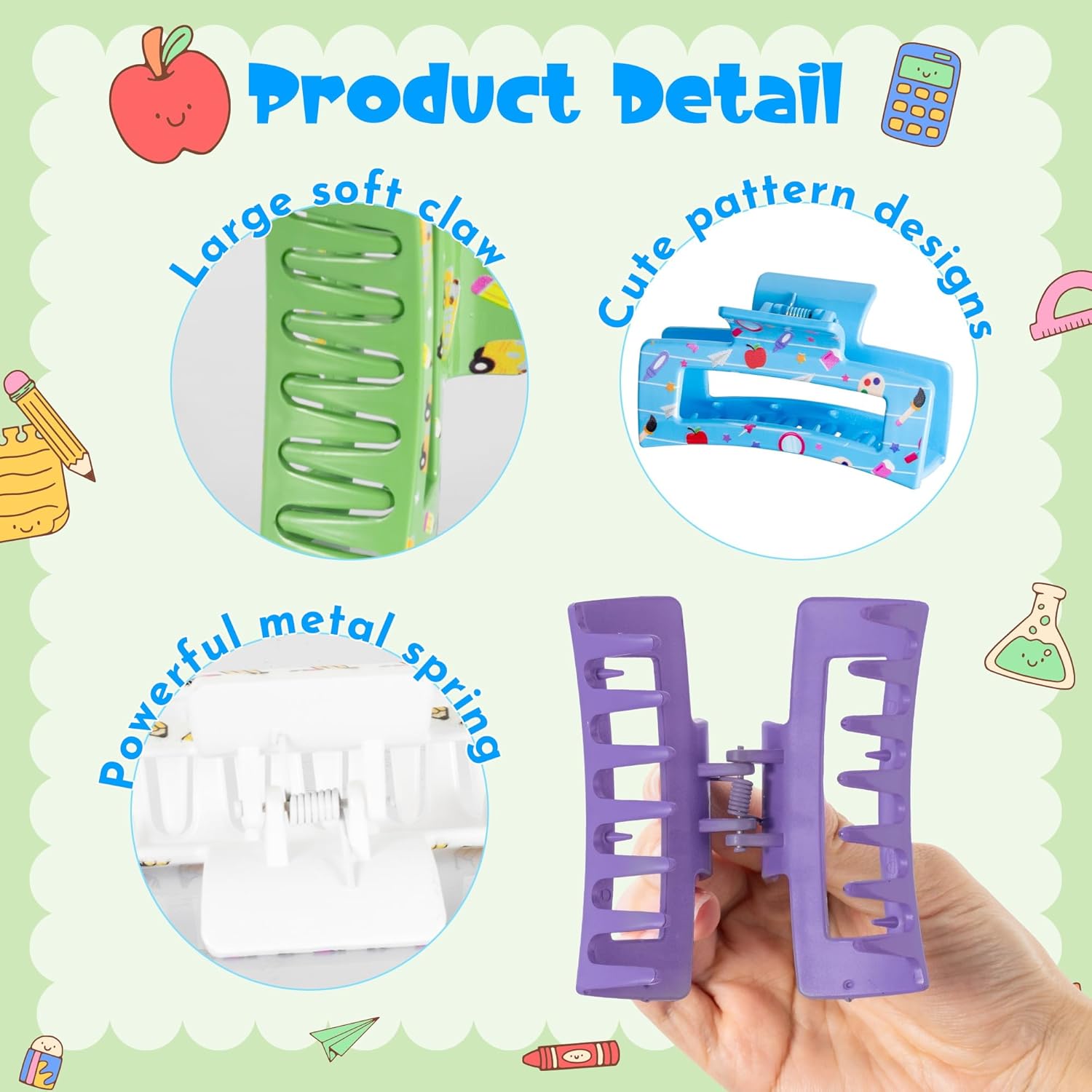 PANTIDE 8Pcs Teacher Hair Claw Clips Accessories for Women Girls - Cute Teacher Appreciation Back to School Gift Pencil Apple Rectangle Nonslip Hair Clips, Strong Hold for Thin Thick Curly Hair - Image 3