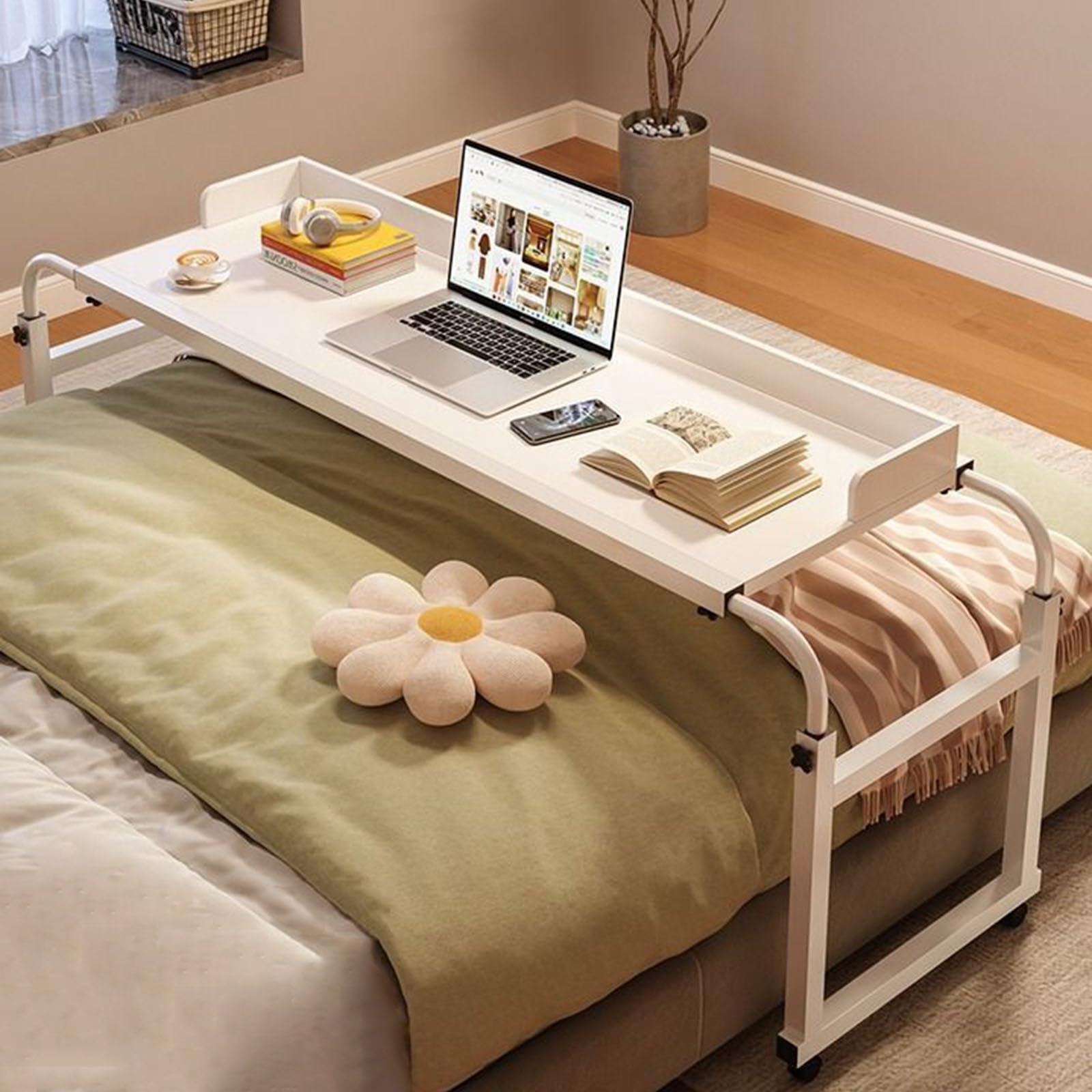 Mesa de cama con ruedas, altura ajustable de 65 a 95 cm, bandeja médica y de alimentos para uso doméstico y hospitalario