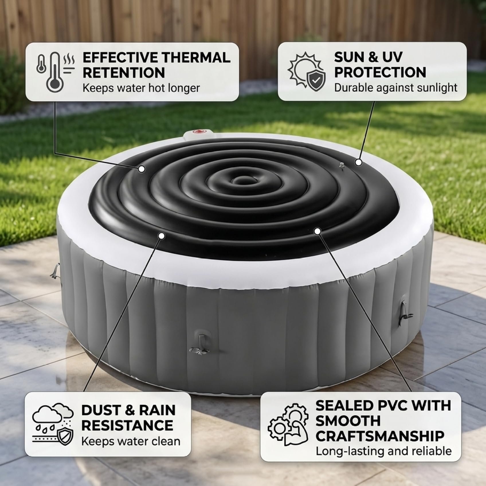 Cubierta inflable para bañera de hidromasaje, cubierta de spa aislada para ahorro de energía y protección de escombros, tapa de PVC para bañera de hidromasaje para uso en exteriores, tapa