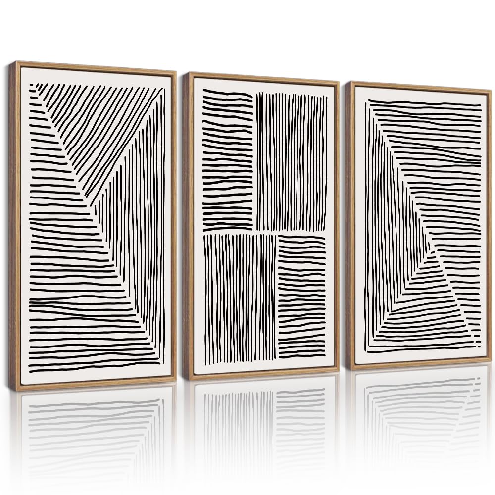 Drsoum Mid-Century Modern Framed Wall Art Large 16x24in Minimalist Abstract Boho Black Line Wall Decor Geometric Artwork Kitchen Dining Room Natural Framed