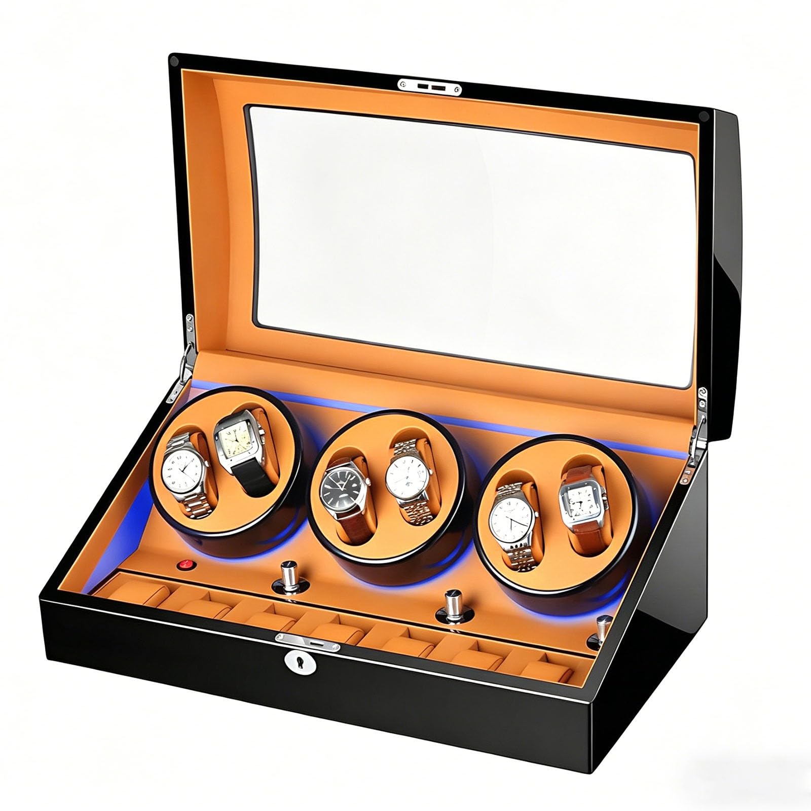 Rotomat 13 Slotów na 6 Zegarków Obrotowych, Cichy Silnik 10dB, Watch Winder | Z Czujnikiem Bezpieczeństwa i Ochroną Magnetyczną, Luksusowa Witryna LED dla Zegarków(Black+Brown)
