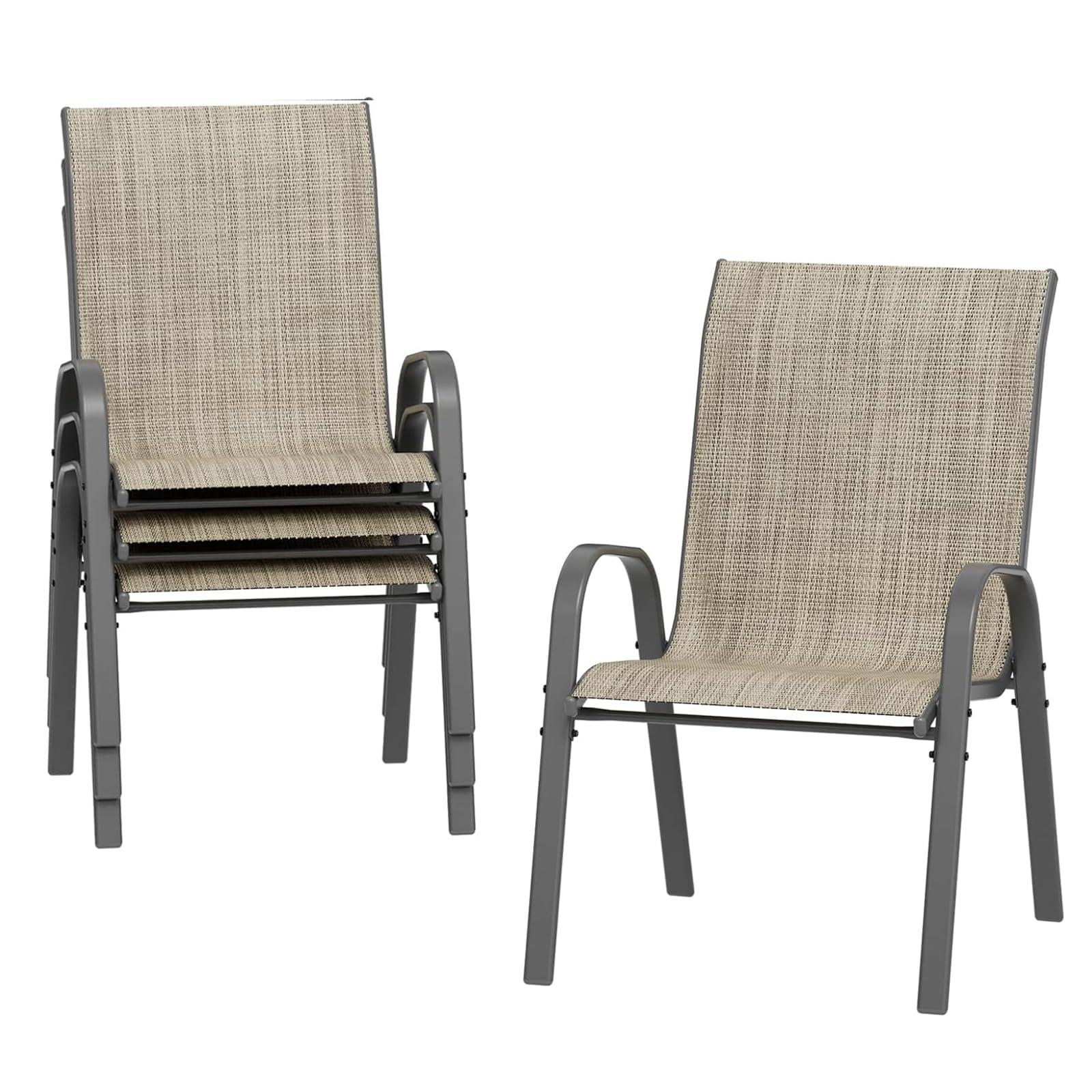 Amopatio Juego de 4 sillas de jardín apilables, con Respaldo Alto, de textileno y Estructura de Metal, sillas de terraza, sillas de balcón con reposabrazos, 60 x 72 x 96, Marrón