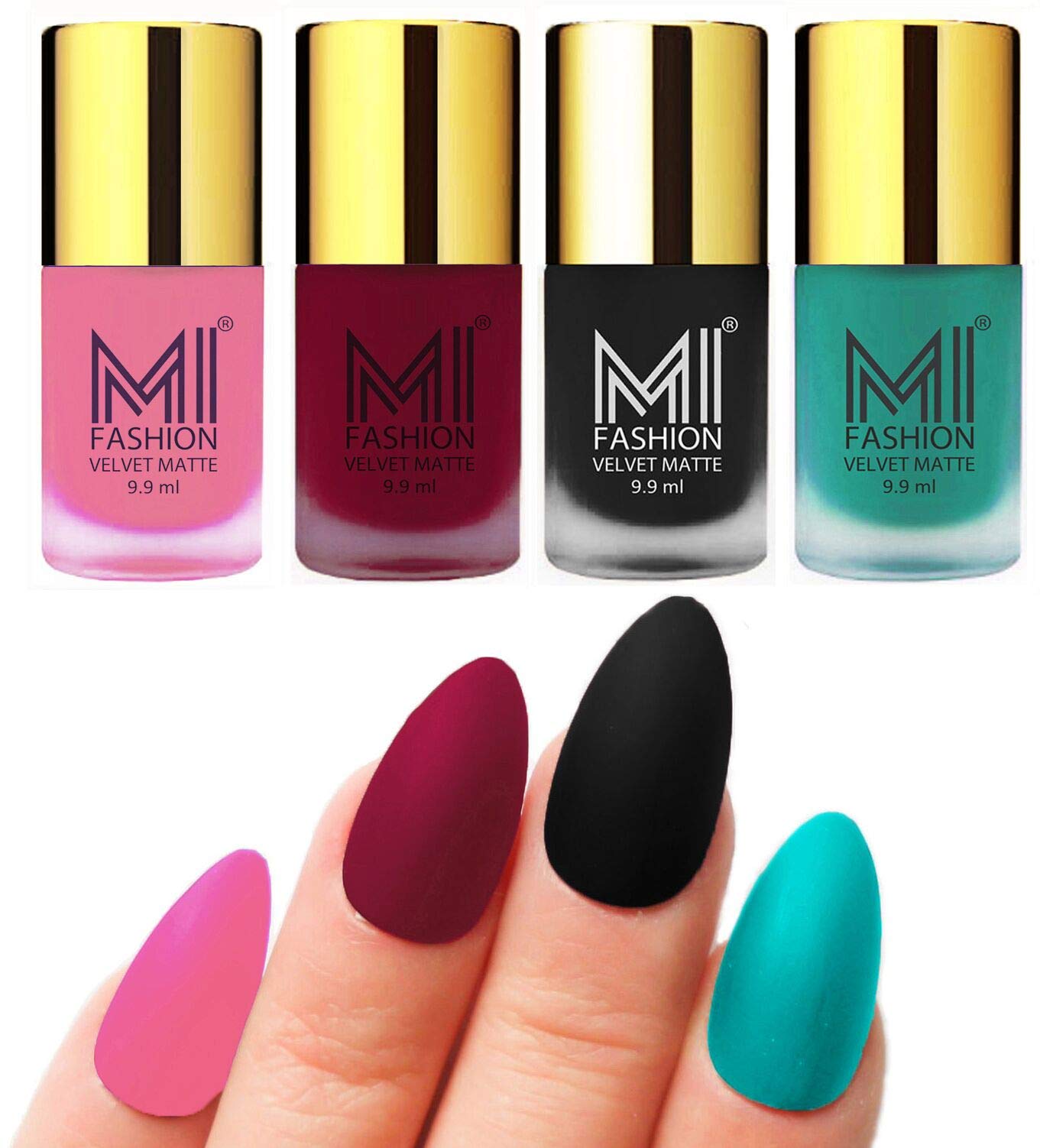 MI FASHION Highly Pigmented Velvet Matte Nail Paint Set Effortless Matte Top Colour 9.9mlBaby Pink, Mauve, Black, Sky Blue (Pack Of-4)-image-31