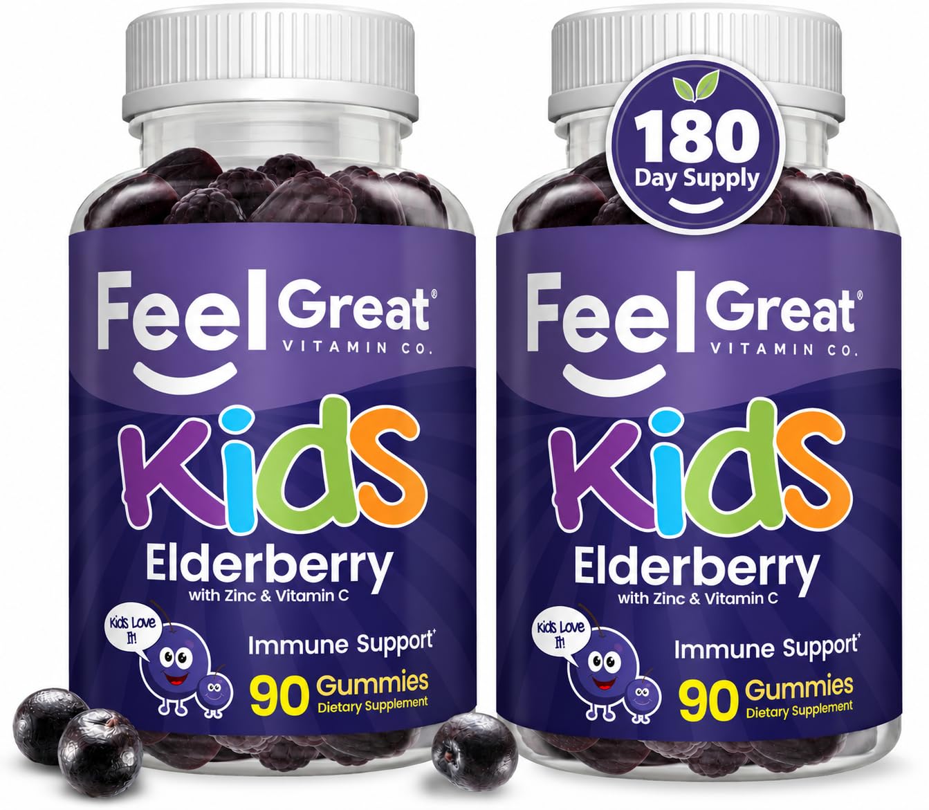 Feel Great Kids Elderberry Gummies, Vitamin C &amp; Zinc, Immune, 90ct, 2 Pack