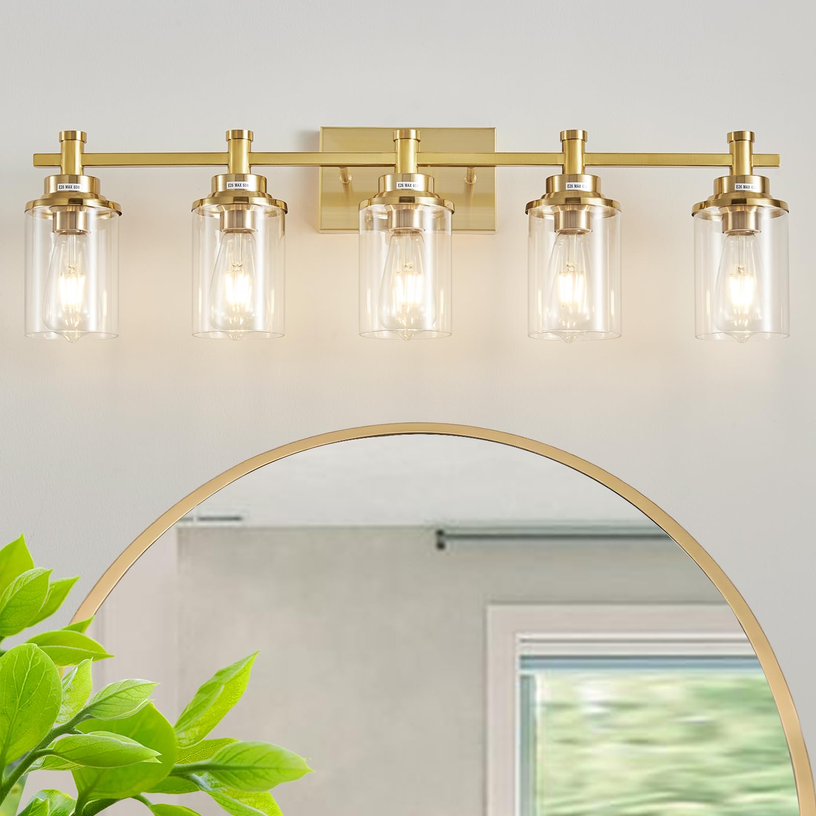 Aixialin 5-Light Modern Vanity Lights Over Mirror, Brushed Brass Bathroom Sconce with Clear Glass Shade
