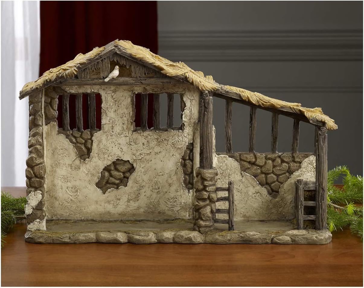 Three Kings Gifts Lighted Stable, Creche, Flat Bottom for Stability, Home Decorating Nativity Scene Set & Figures Shelter with White Dove, for 7 inch Scale Collection