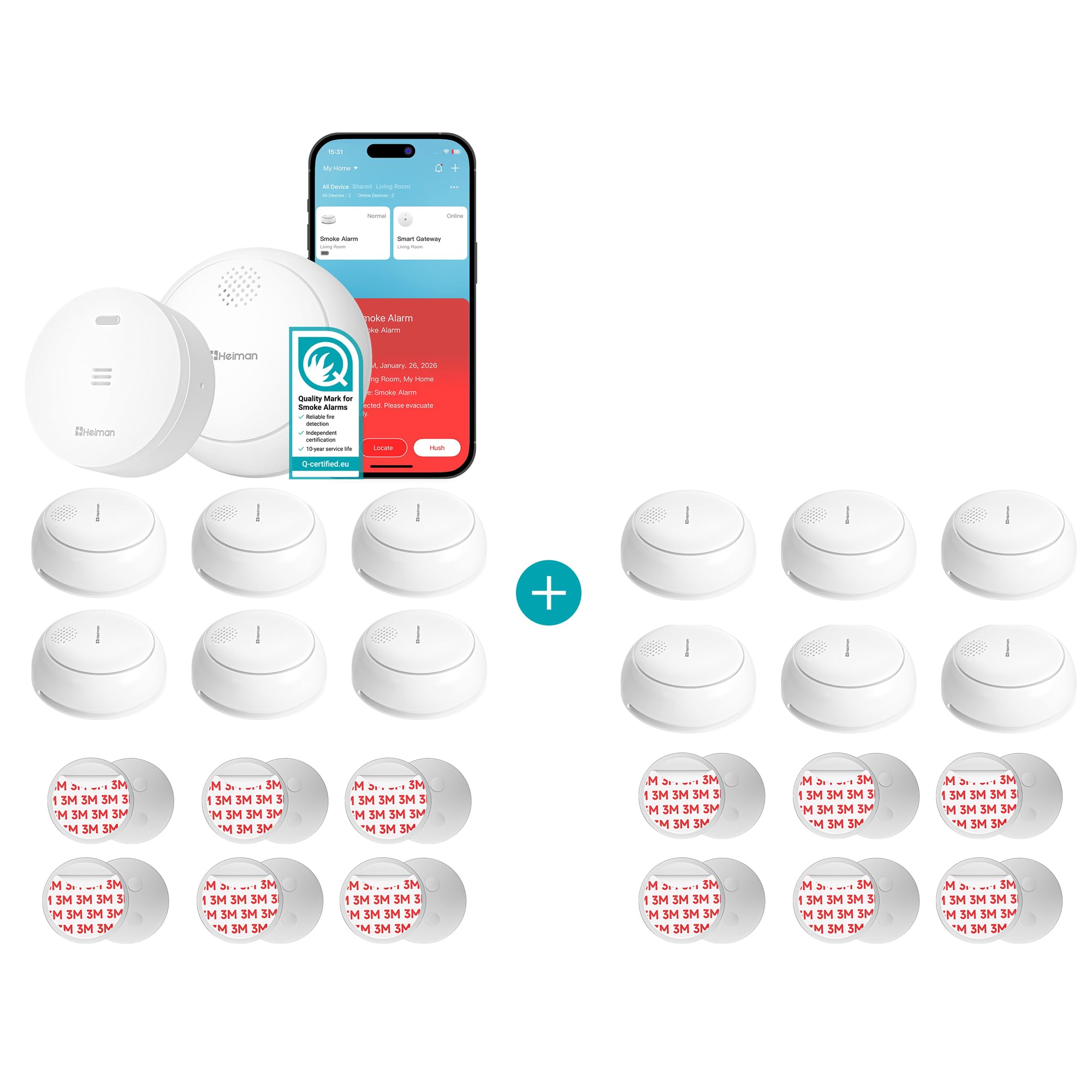 Heiman Smart Rauchmelder 12er Set mit Gateway, 10 Jahre Batterie, Q-Label & EN 14604, Funkrauchmelder vernetzbar mit Magnethalterung, Smart Home Rauchwärmelder für großes Haus, Weiß