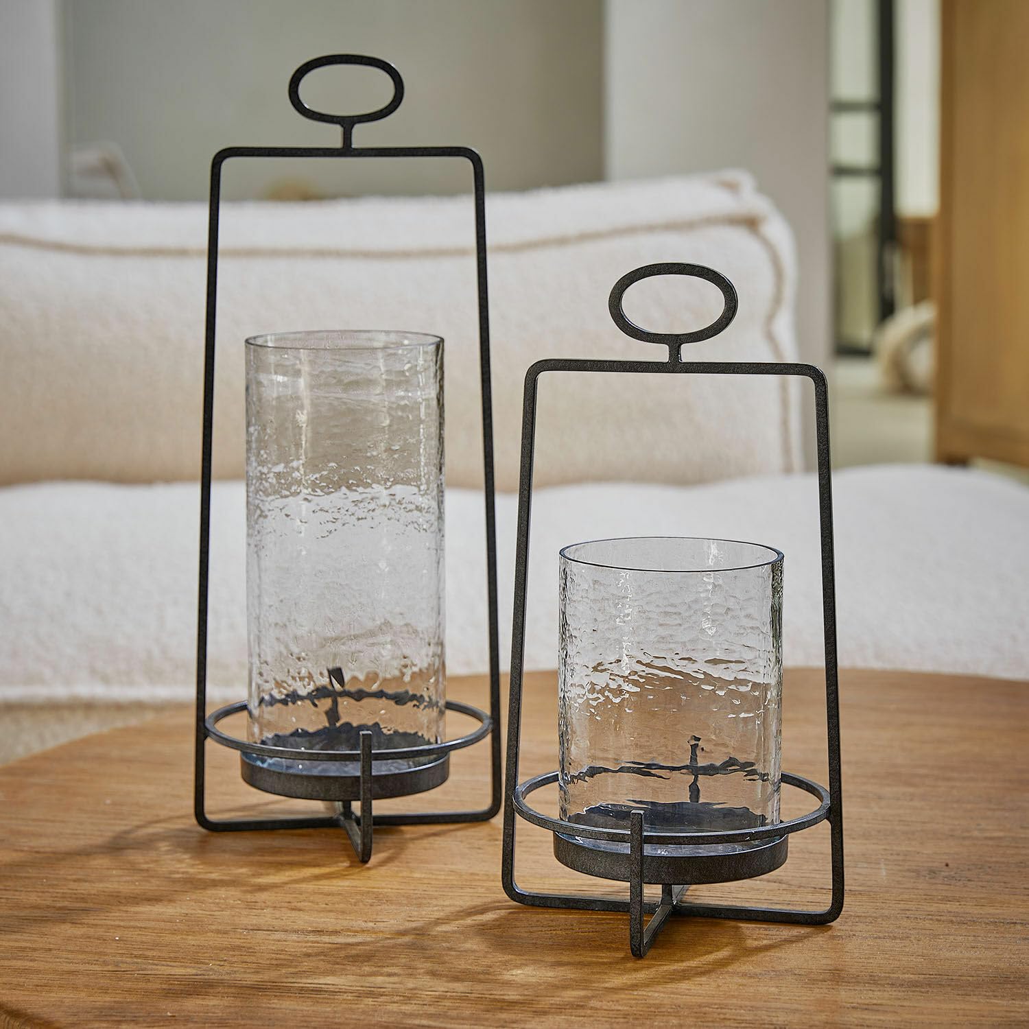 Loberon Zevara Lot de 2 lanternes - Verre soufflé à la Bouche - Cylindres Amovibles, Noir/Transparent