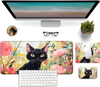 Mouse Pad Desk Mat Ergonomic Wrist Support Pad Set,Mouse Wrist Rest Keyboard Pad with Stitched Edges and Non Slip Base-Black Cat Pink Flowers Cartoon
