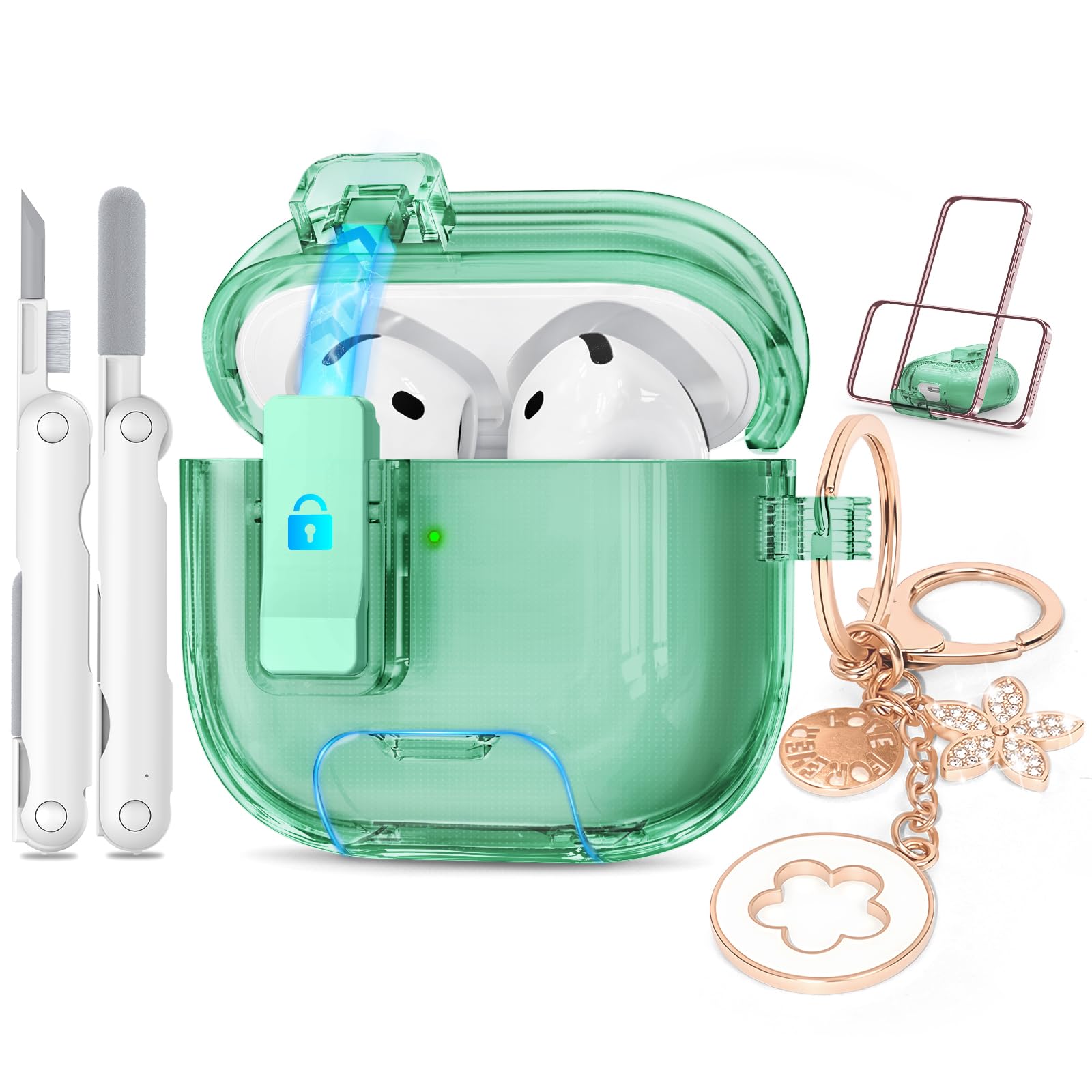 for Airpods 4 Case Green with Lock&Bling Keychain for Women&Girly,Cute Soft TPU Clear Case Cove for Apple Airpods 4th Generation (2024) with Cleaning