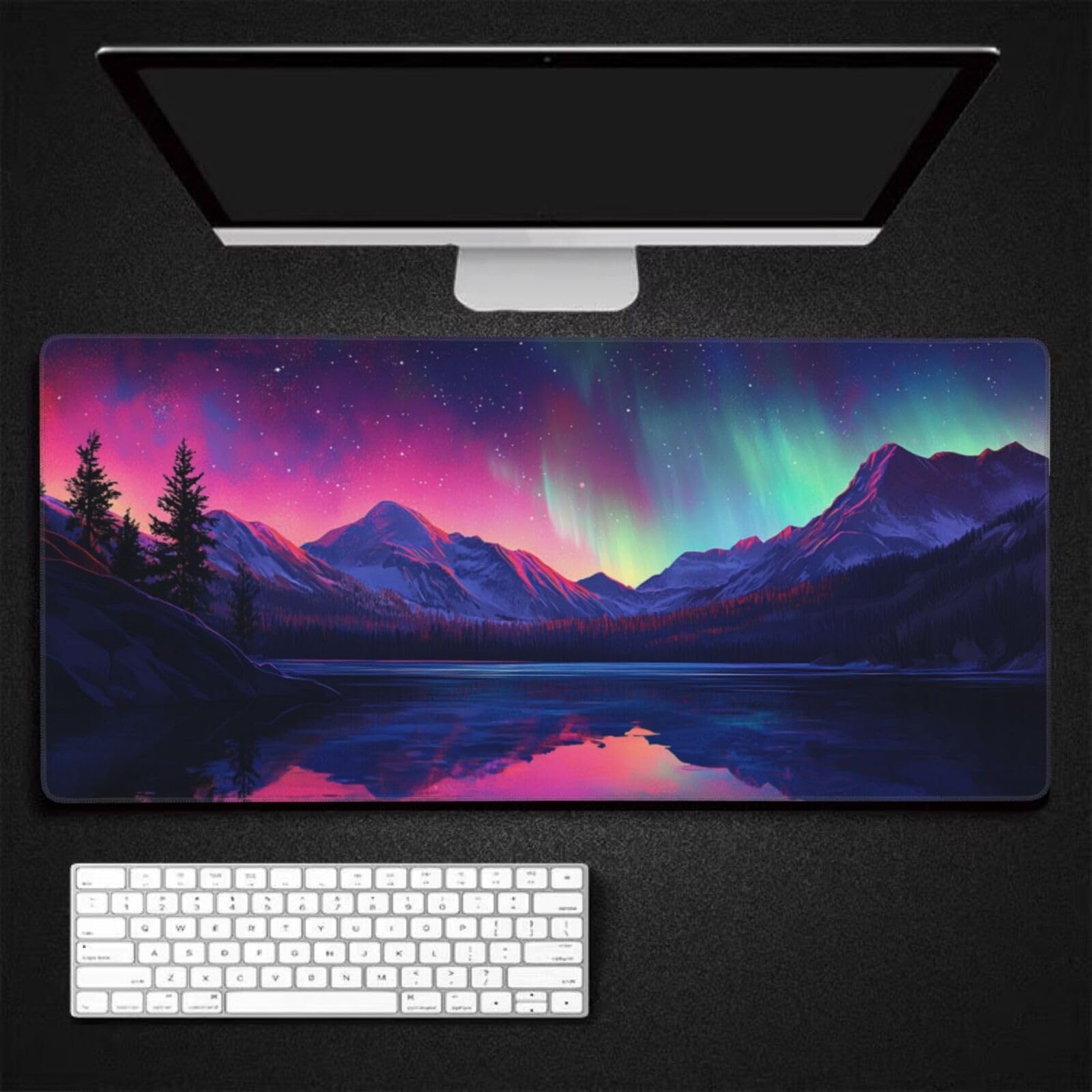 Tappetino Mouse XXL Aurora & Lago, 100 x 50 cm Tappetino da Scrivania G402 | Tappetino per Mouse, Base in Gomma Antiscivolo, Superficie Impermeabile, Bordi Cuciti, Tappetino Scrivania per Ufficio, Gioco
