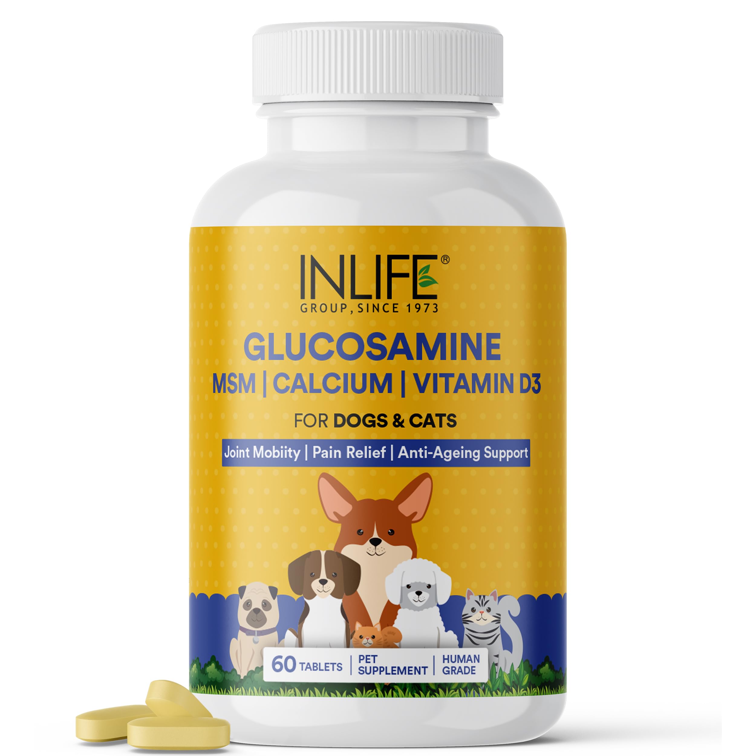 Glucosamine Tablets for Dogs & Cats | with MSM Calcium & Vitamin D3 | Cartilage, Bone & Joint Health Supplement - 60 Tablets