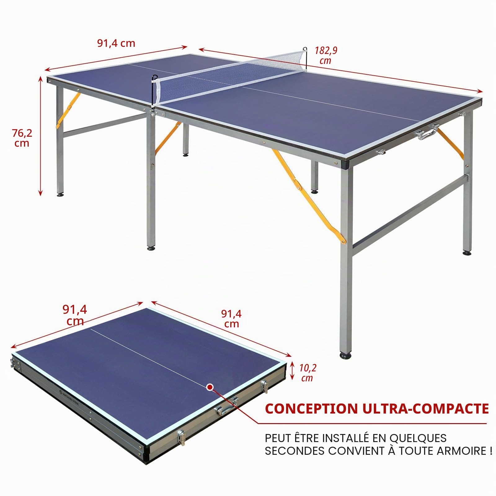 Tables de tennis de table de taille moyenne pour l'intérieur et l'extérieur, pliables et portables avec filet, 2 raquettes de tennis de table et 3 balles