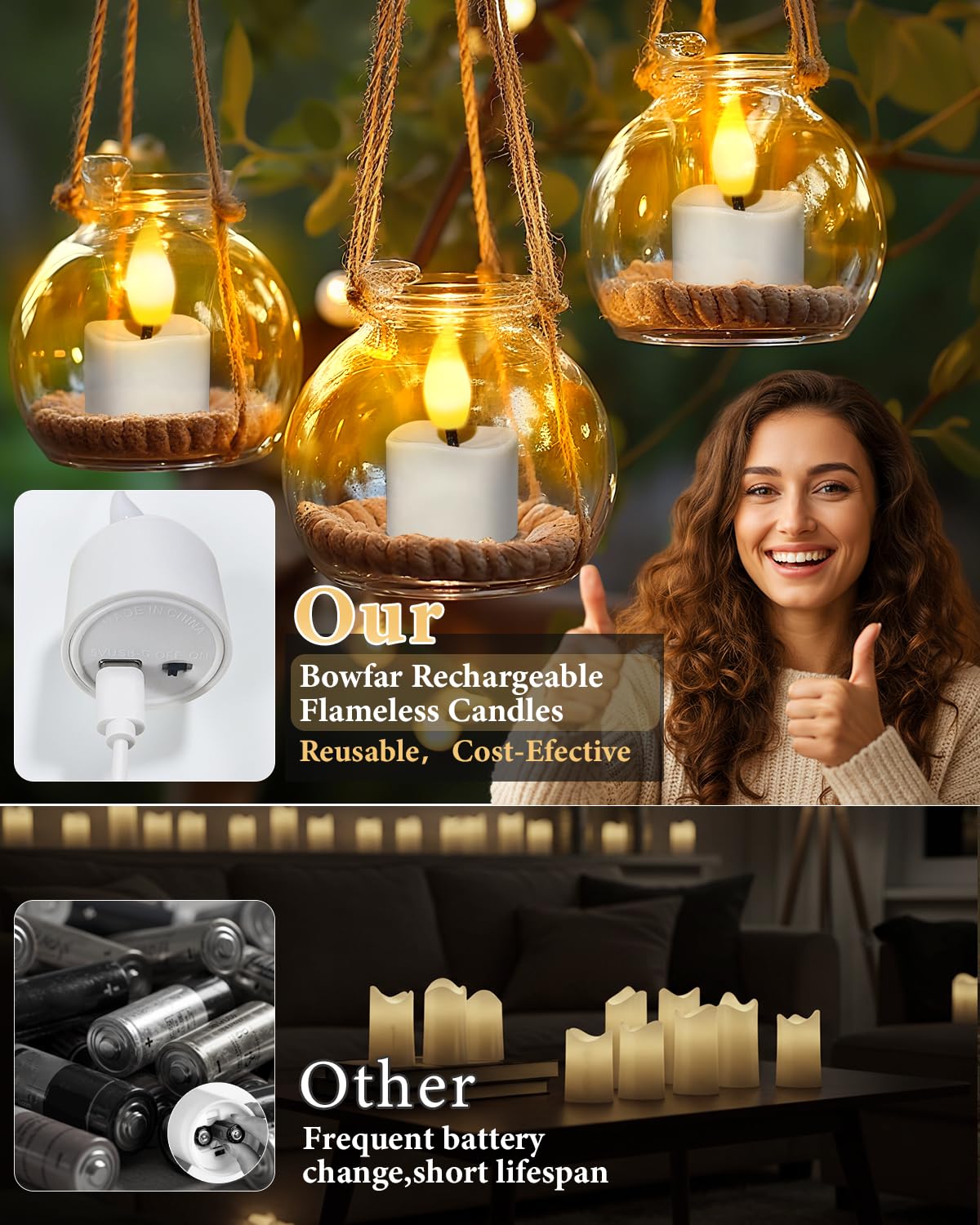 Bowfar 16 sztuk świeczek typu tealight z możliwością ponownego ładowania, z pilotem i timerem, elektryczne podgrzewacze z 8-portowym kablem USB-C do dekoracji stołu na Halloween i Boże Narodzenie