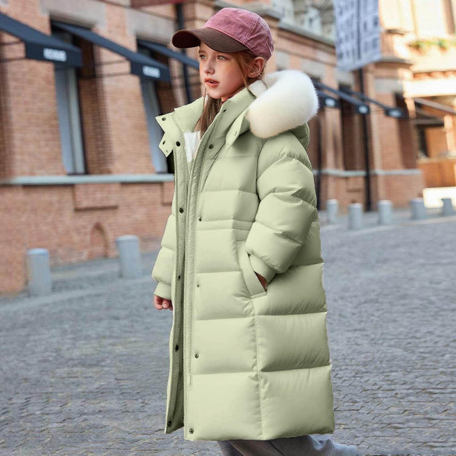 Abrigo acolchado para niñas de invierno largo con cremallera completa, capucha de piel sintética, abrigos acolchados con bolsillos, abrigos básicos de nieve de color sólido para niñas de 5 a