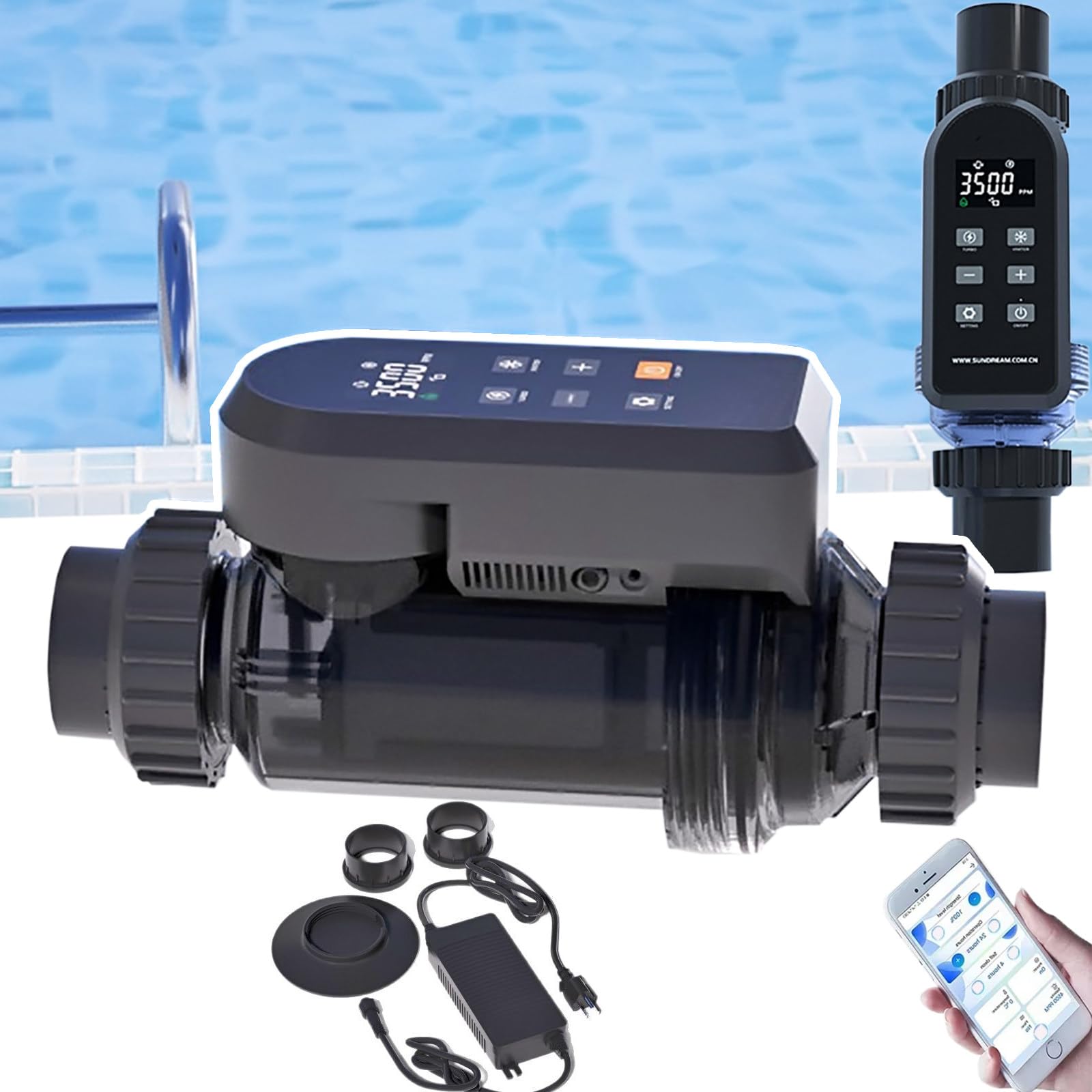 Generador De Cloro Salino, Sis-Tema De CloracióN Salina para Piscinas, Control Remoto por AplicacióN, Clorador De Agua Salada para Piscinas con Panel Digital Inteligente 50g/h