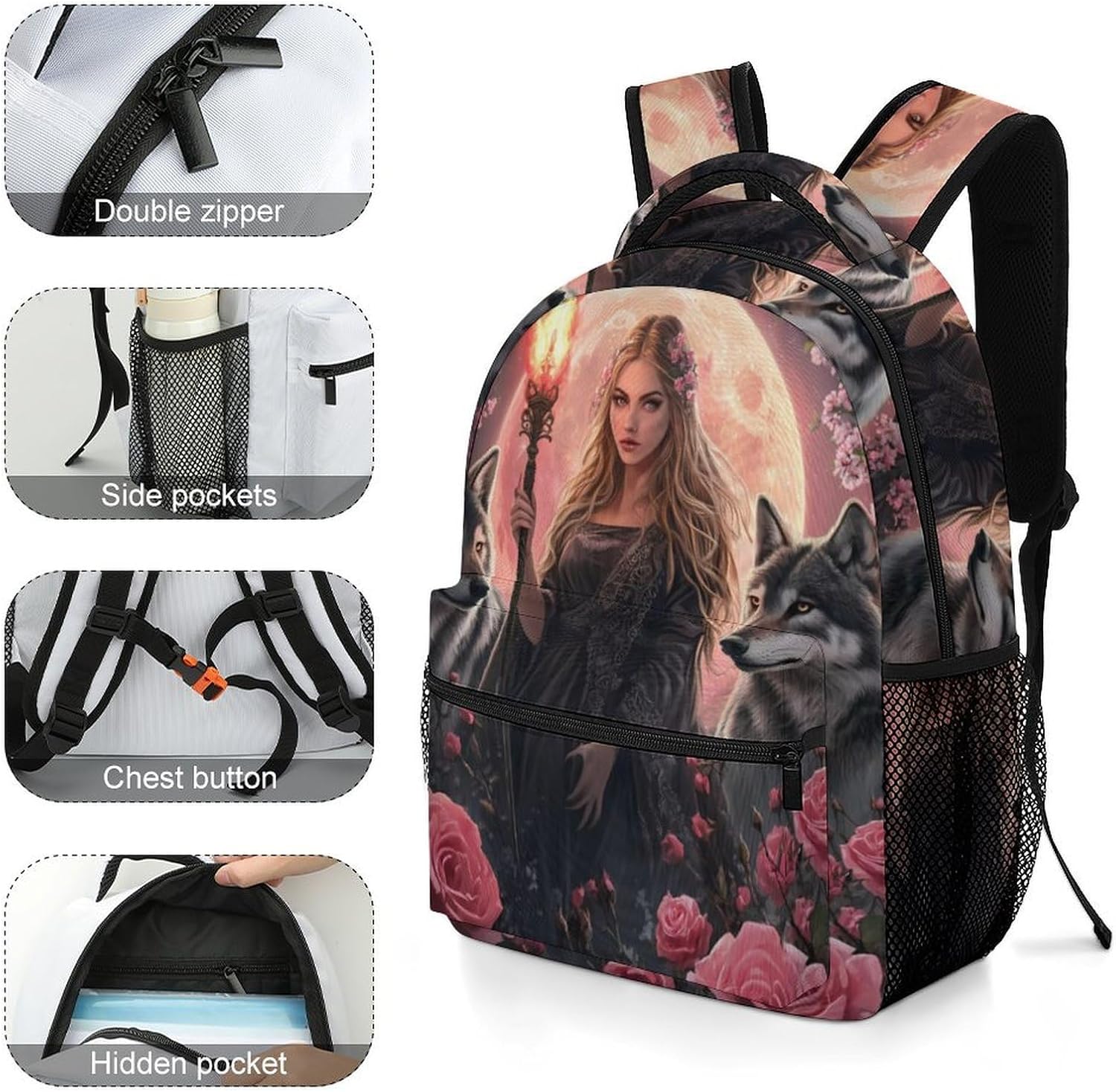 Witchcraft Goddess with Wolf Dogs Laptop Backpack Lightweight Travel Daypack Shoulder Bag for Men Women