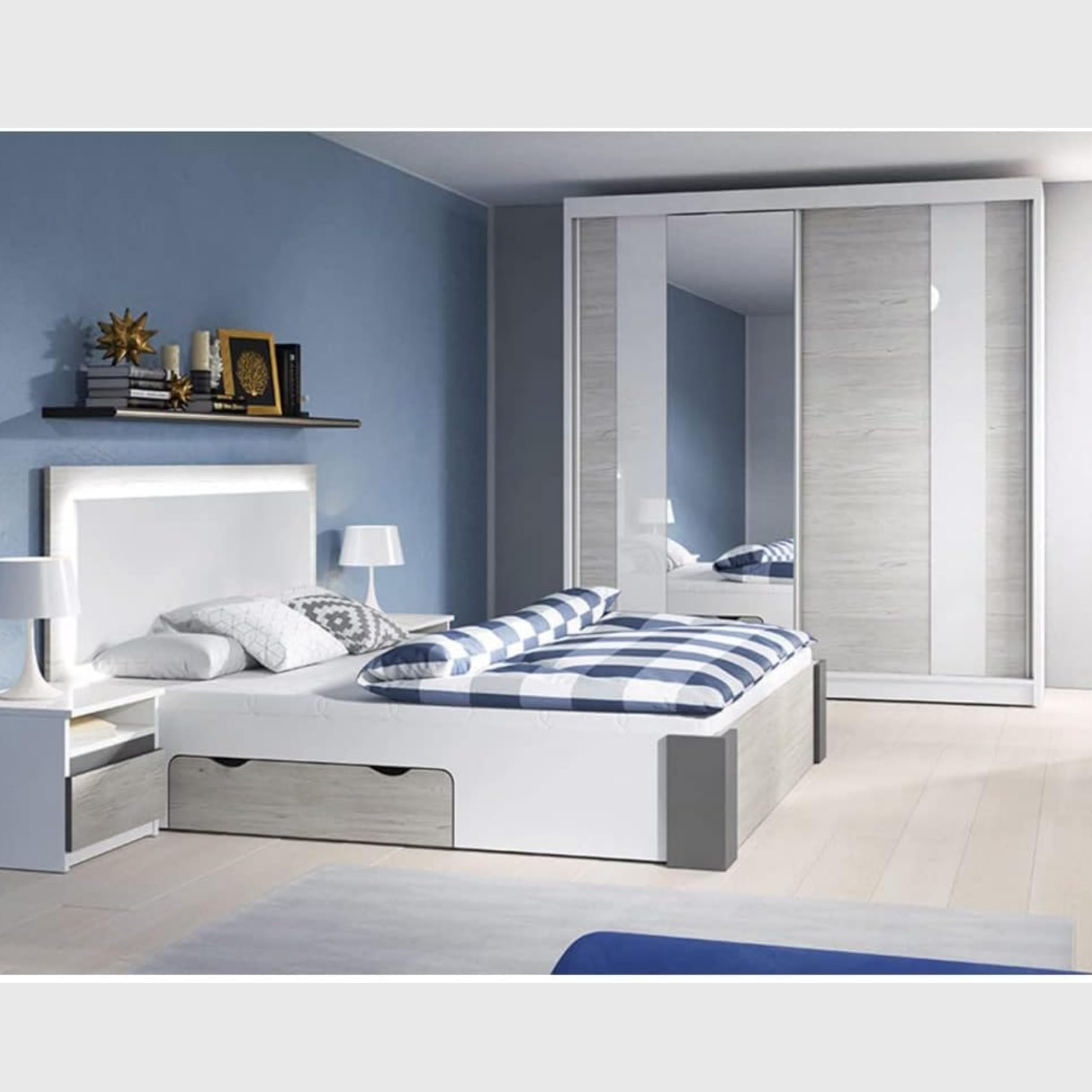 Hellios II - Chambre à Coucher Adulte Complète Avec lit 160x200 Avec Matelas, 2 Tables De Chevet, Armoire Avec Portes Coulissantes L:183 x H:218 x P:61 cm, Fancy - Blanc/Kathult+Gris