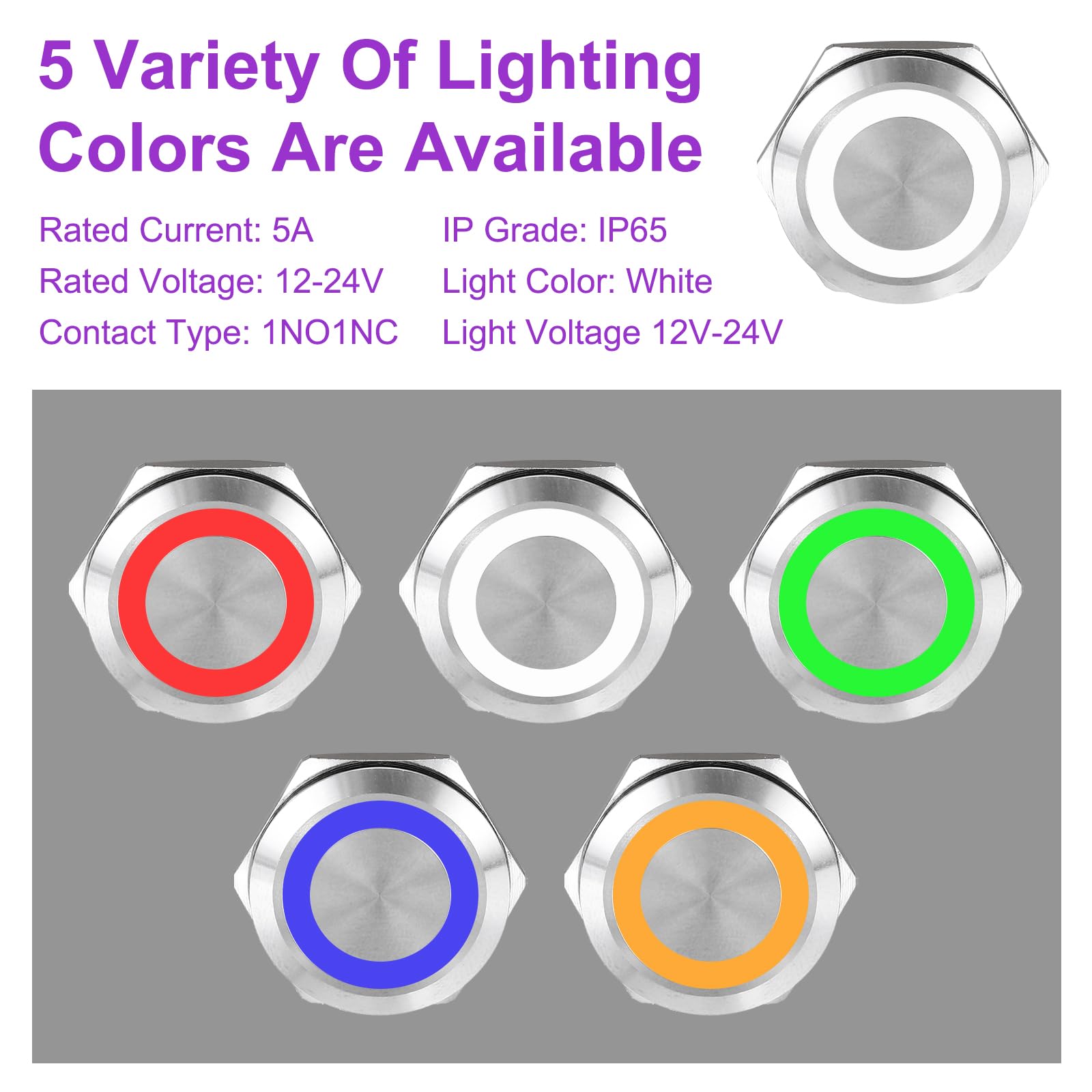 DMiotech 5 Pack 16mm / 5/8" Stainless Steel Latching Push Button Switch Flat Head 5A 12-24V Silver Shell 5 Pin with Cable Socket White Ring LED 1NO1NC for Car Boat Systems Custom Setups - Image 3