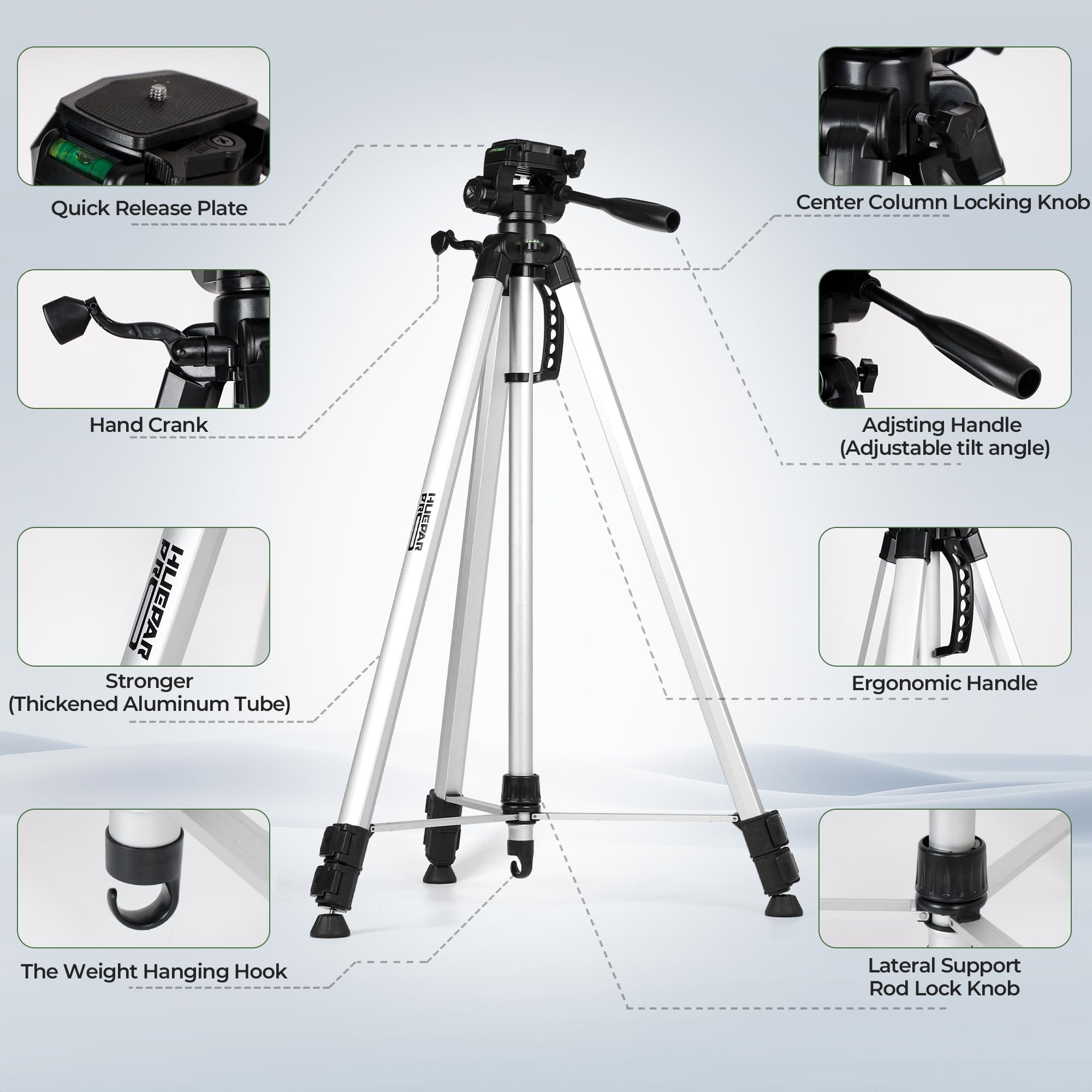 Huepar Pro Trépied de niveau laser (Hauteur: 83-230cm, Filetage: 1/4" et adaptateur écrou 5/8") avec tête pivotante à 3 voies, poignée portable, niveau à bulle, plaque de dégagement rapide-TP230