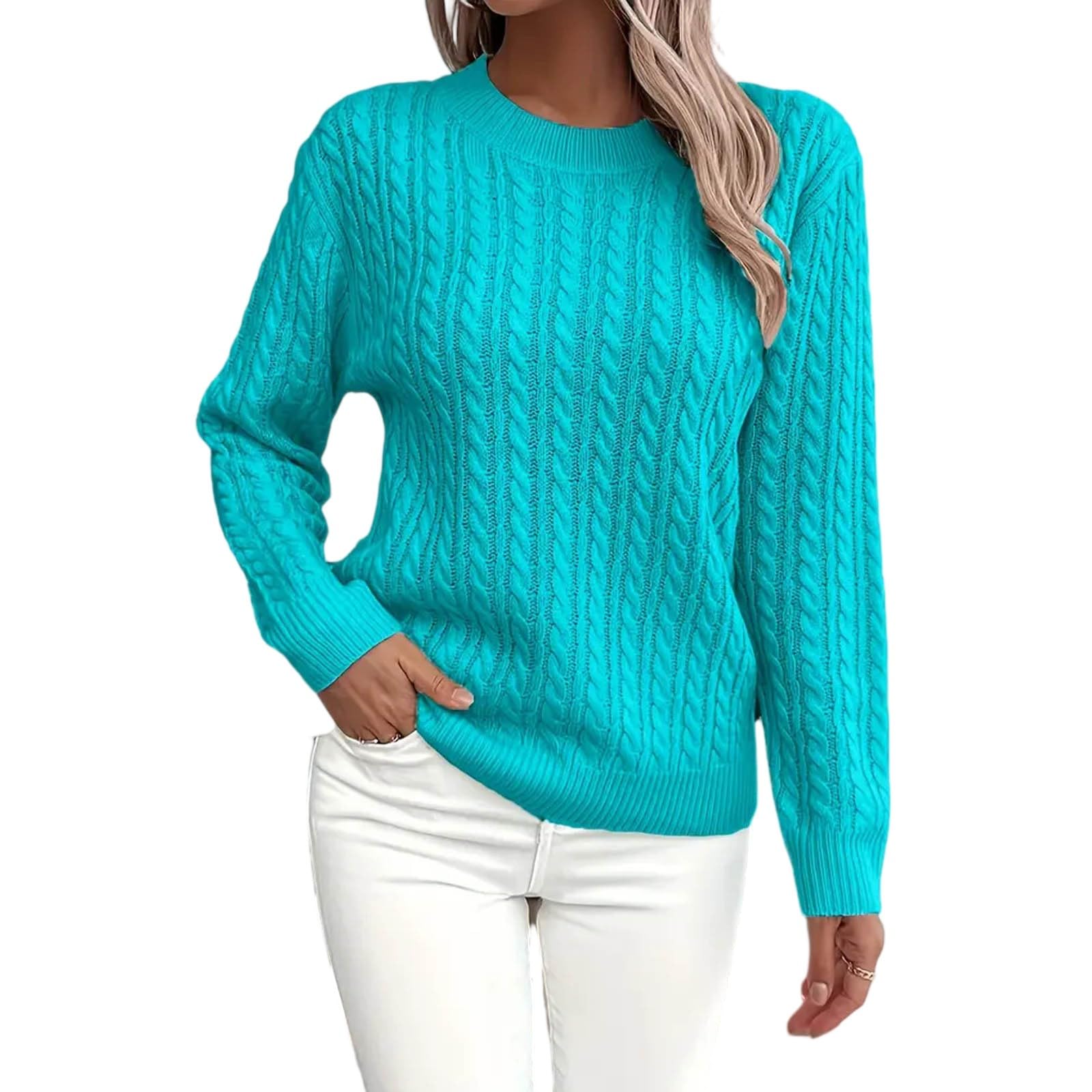 UOFOCO Womens Long Sleeve Crewneck Cable Knit Sweater Lightweight Casual Soft Comfort Fall Winter Pullover Tops Outifits