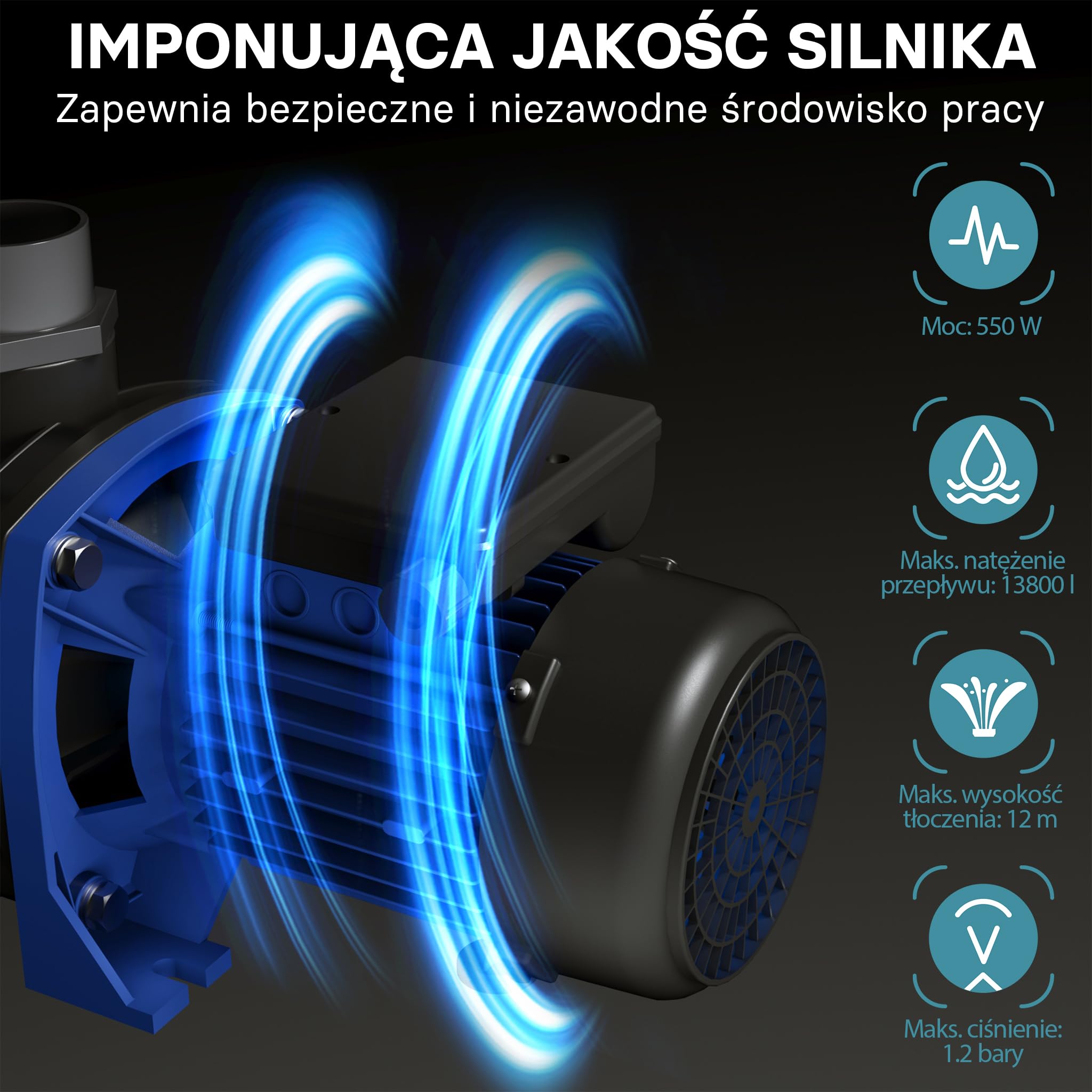 WilTec Pompa basenowa 13800 l/h, 550 W cicha pompa filtrująca i cyrkulacyjna, skuteczna pompa wodna do basenu, trwała i antykorozyjna konstrukcja
