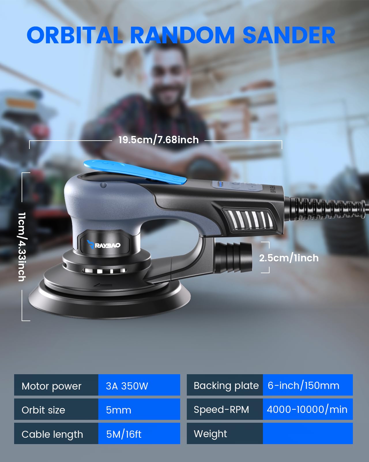 Lijadora orbital sin escobillas, 350 W, disco de lijado de 150 mm, excentricidad de 5 mm | Lijadora excéntrica de 6 niveles hasta 10.000 rpm, baja vibración, ligera, lijadora externa para superficies de madera