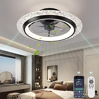 Modern Ceiling Fans with Lights-19 Low Profile Ceiling Fan for Bedroom with Quiet DC Motor-Flush Mount Ceiling Fan with Remote Control Dimmable Bladeless Ceiling Fans for Indoor/Living Room