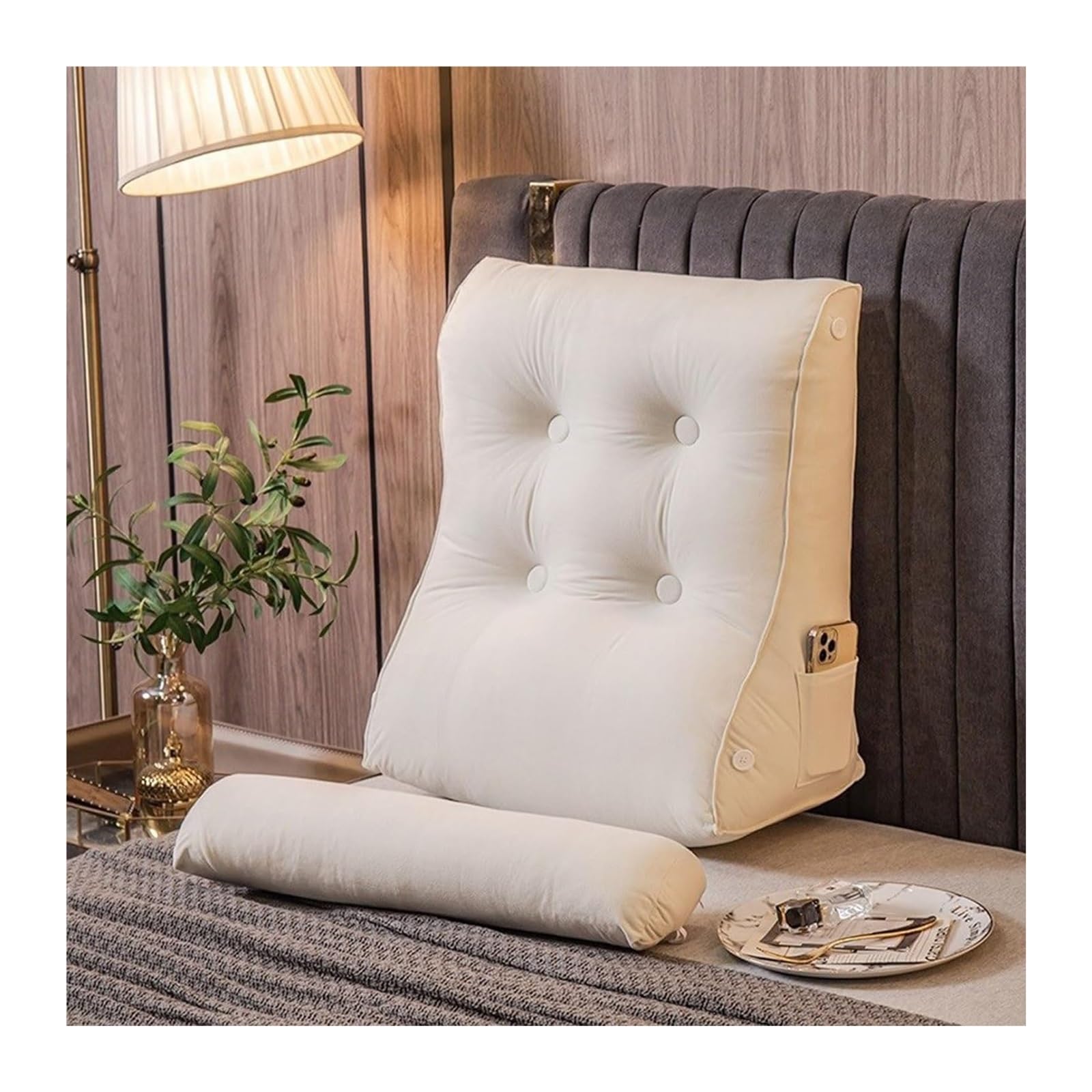 poduszka pod plecy, Trójkątny klin z rozdrobnionej pianki memory, podparcie lędźwiowe, sofa, krzesło, łóżko, samochód, biuro, miękki i ergonomiczny(Off White,45 x 55 x 26 CM)