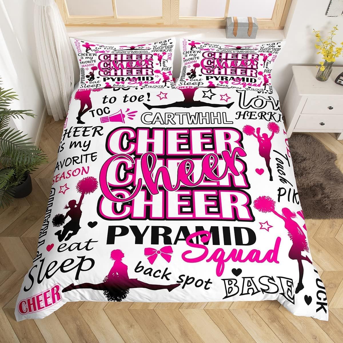 Gymnastics Lovers Girls Duvet Cover Double Size,Cheerleader Silhouette Bedding Set for Kids Teens,Plaid Patchwork Comforter Cover Cheerleader Gift,Cheerleading Quotes Bed Cover with 2 Pillowcases