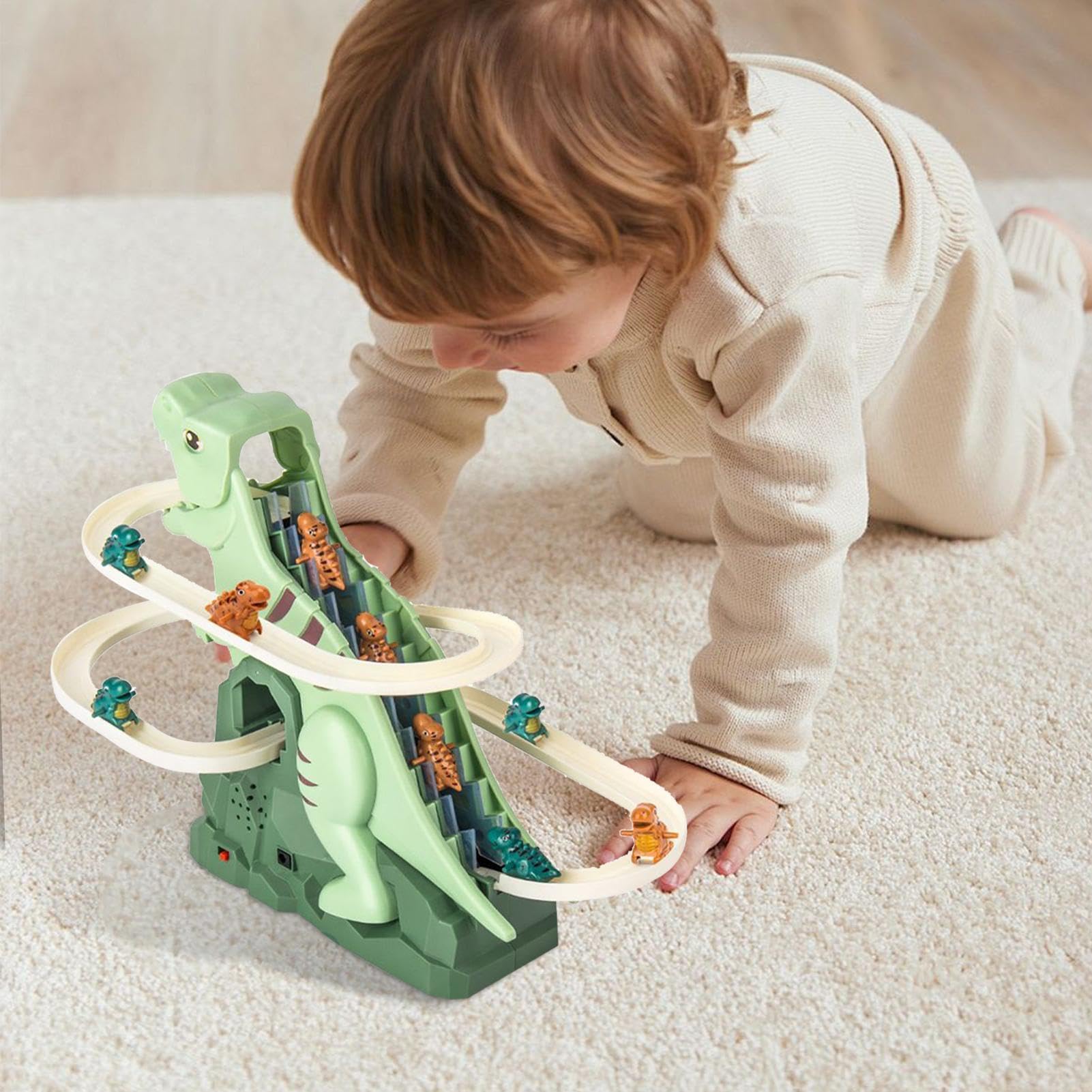 Jouet Dinosaure Escalade Toboggan – Circuit Auto Avec Lumières Et Musique, 3 Dino Escaliers, Cadeau 3 Ans+