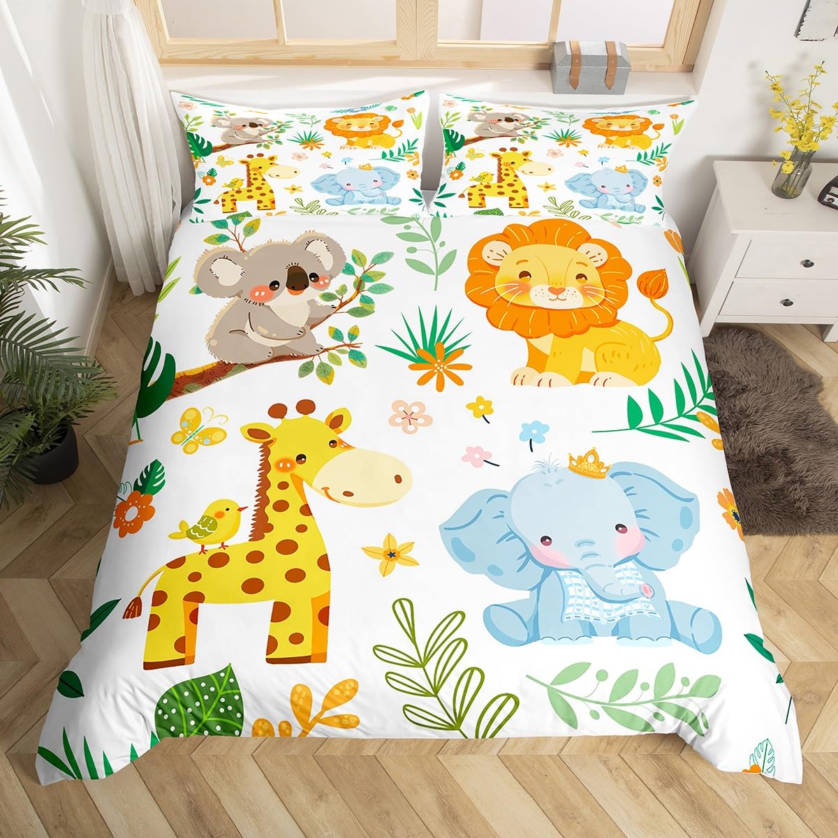 jejeloiu Kids Zoo Animal Comforter Cover Set Toddler Size Koala Lion Giraffe Elephant Bedding Set for Boys Girls Cute Wild Animals Duvet Cover Bedspread Cover Quilt Cover,No Stuffing