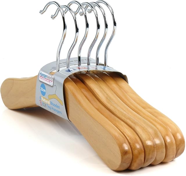 HANGERWORLD Pack of 12 Quality Children's Natural Wooden Coat Hangers for Baby & Toddler Clothes-25cm (10"), hardwood