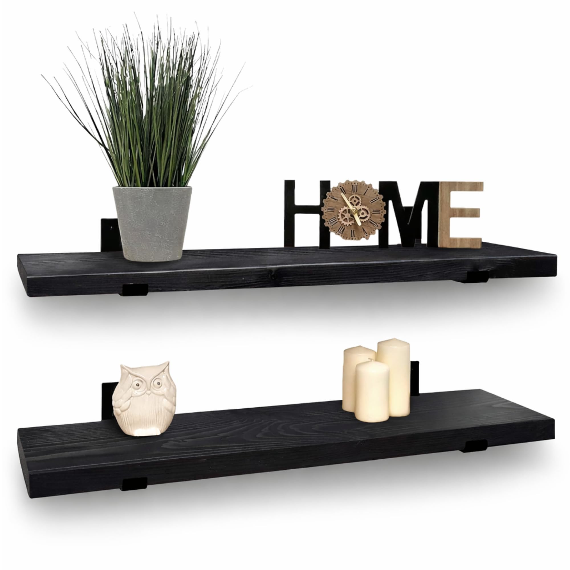 MKGT Handcrafted Rustic Wooden Floating Shelves, Solid Wood, Black L Brackets, Made in UK – Wall Mounted Shelf (Black Set of 2, 50cm) — image 1