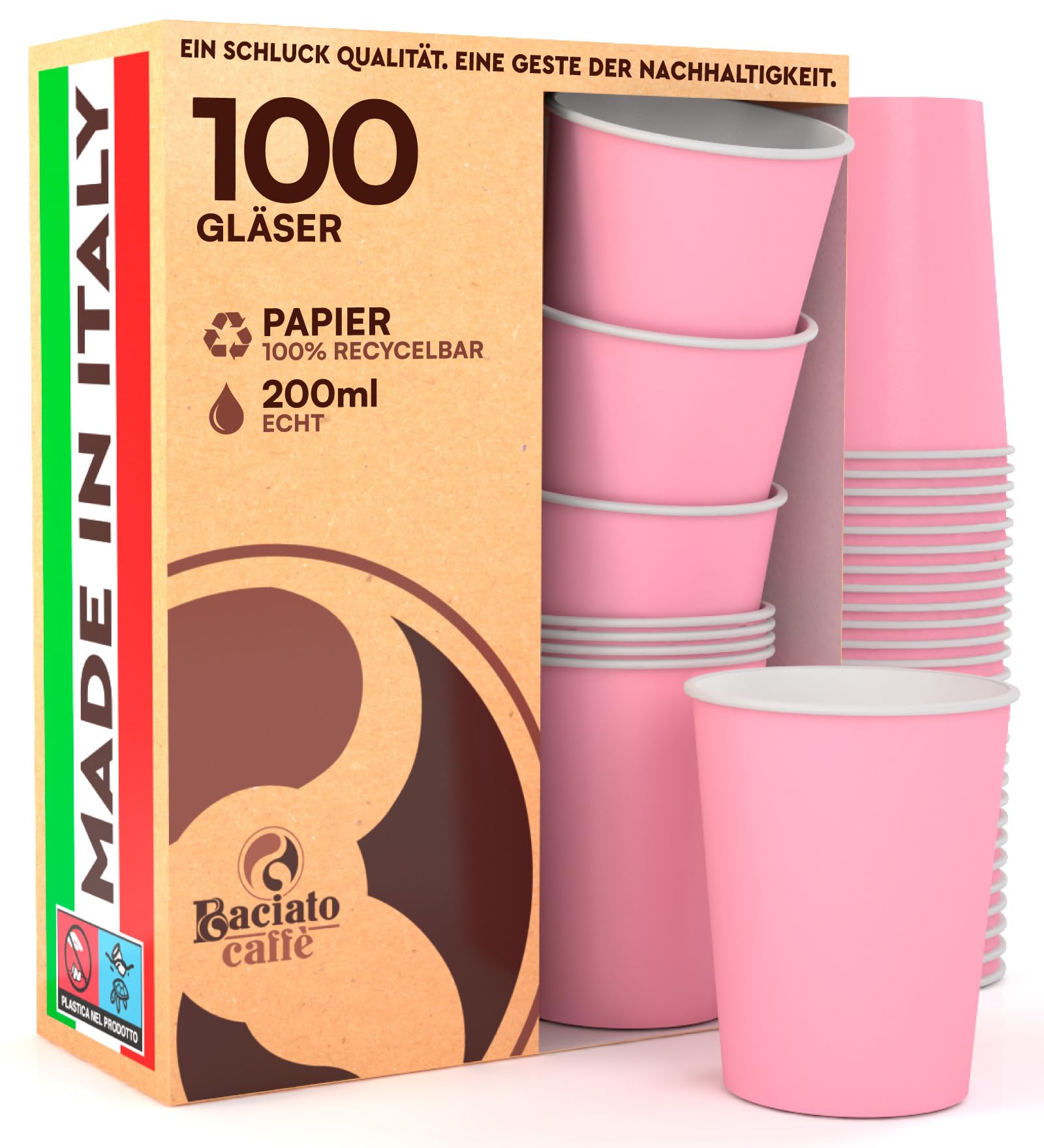 Baciato Caffè 100 Becher aus Papier, 200 ml, umweltfreundlich, biologisch abbaubar, Einweg, Made in Italy, zum Mitnehmen, warme Getränke, Wasser, Farbe: Rosa – hergestellt und verpackt in Italien