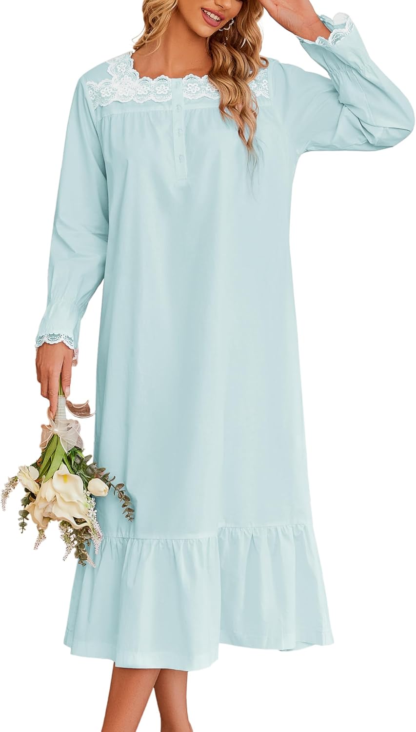 Ekouaer Victorian Nightgown 100% Cotton Long Sleeve Vintage Old Fashioned Gown for Women