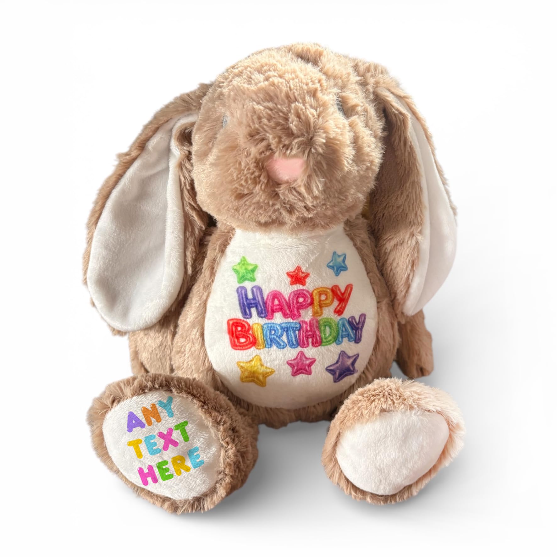 Silly Dog Designs - Birthday Bunny Plush - Personalised or Standard Soft Toy - “Happy Birthday” Teddy Gift for Kids - Custom Name Option - 4 Colours Blue Pink White Brown (Brown Bunny – Personalised)
