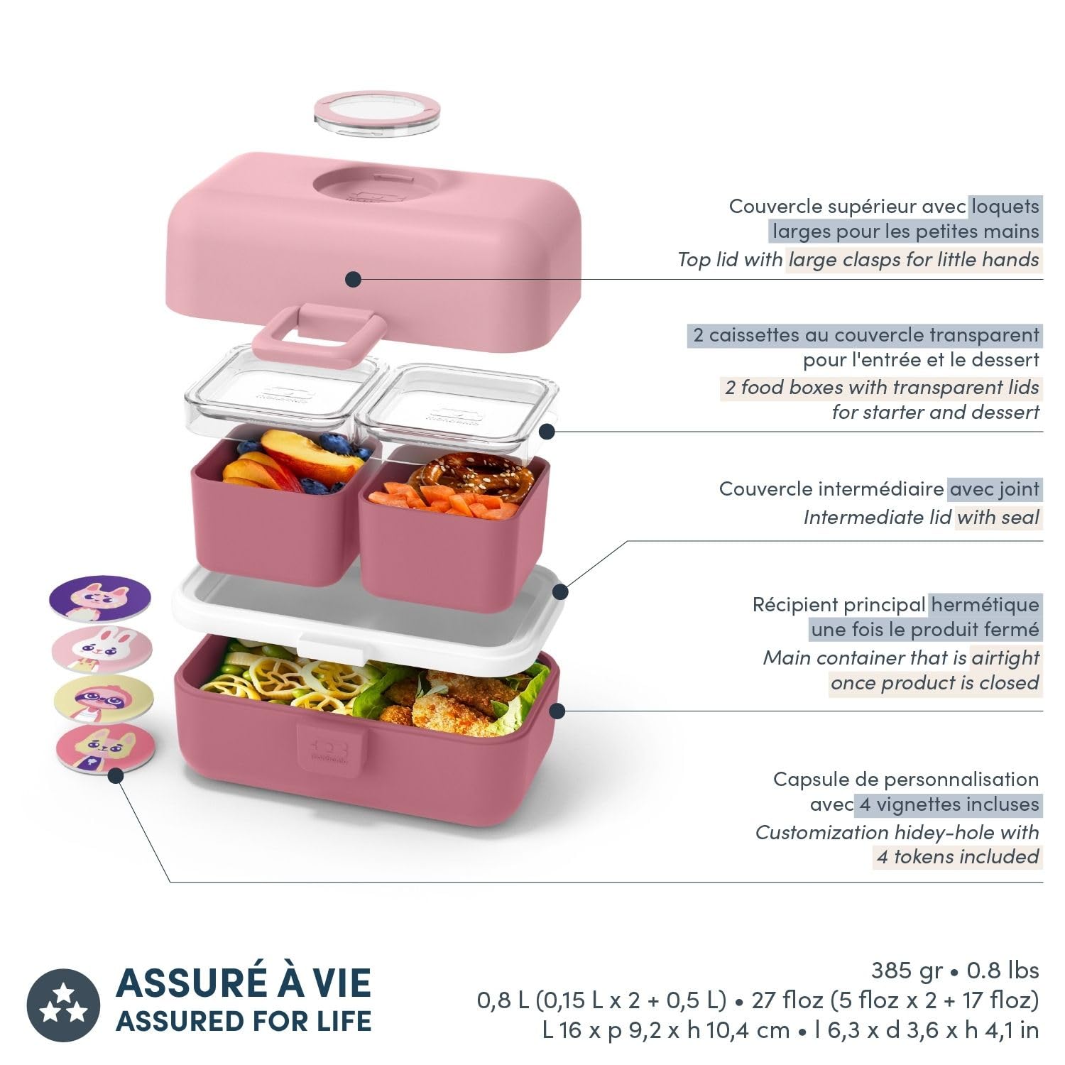 monbento - Lunch Box Bambini MB Tresor Blush - Porta Pranzo con 3 Scomparti - Perfetto per Pranzi o Merende a Scuola/Parco - Senza BPA - Sicuro Per Uso Alimentare - Rosa