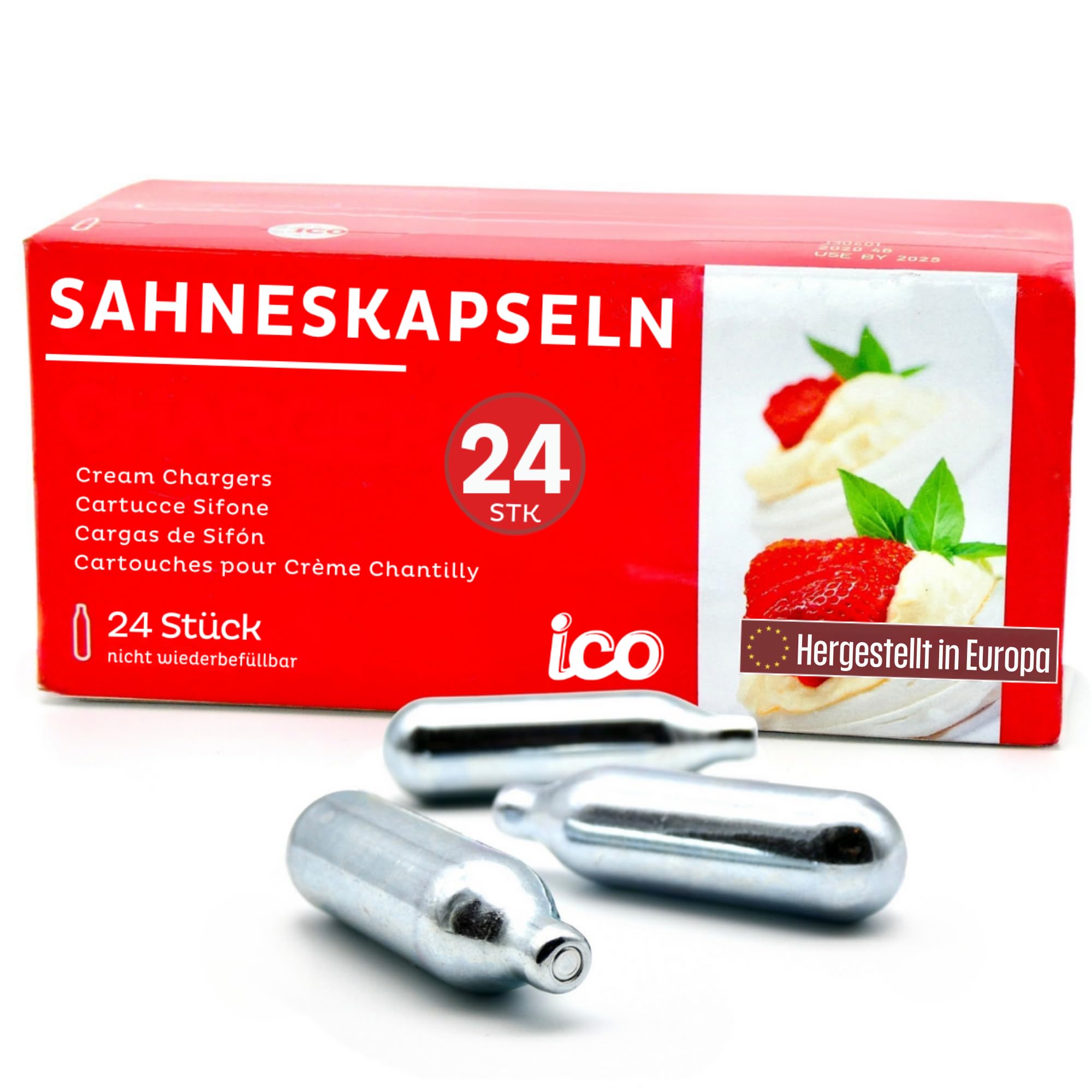 ICO Sahnekapseln, Sahnekapseln 24 Stück, N2O 8g Lachgas Patronen Für Sahnespender Zur Herstellung von Schlagsahne
