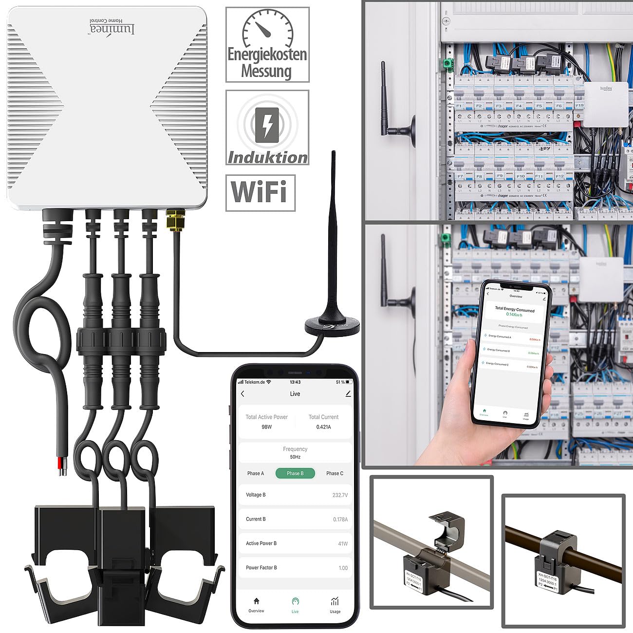 Luminea Home Control Smart Meter: Smarter 3-Phasen-WLAN-Stromzähler & Echtzeit-Energiemonitor, 120A, App (Meter 3-Phasen WiFi, Drehstromzähler mit App, phasig)