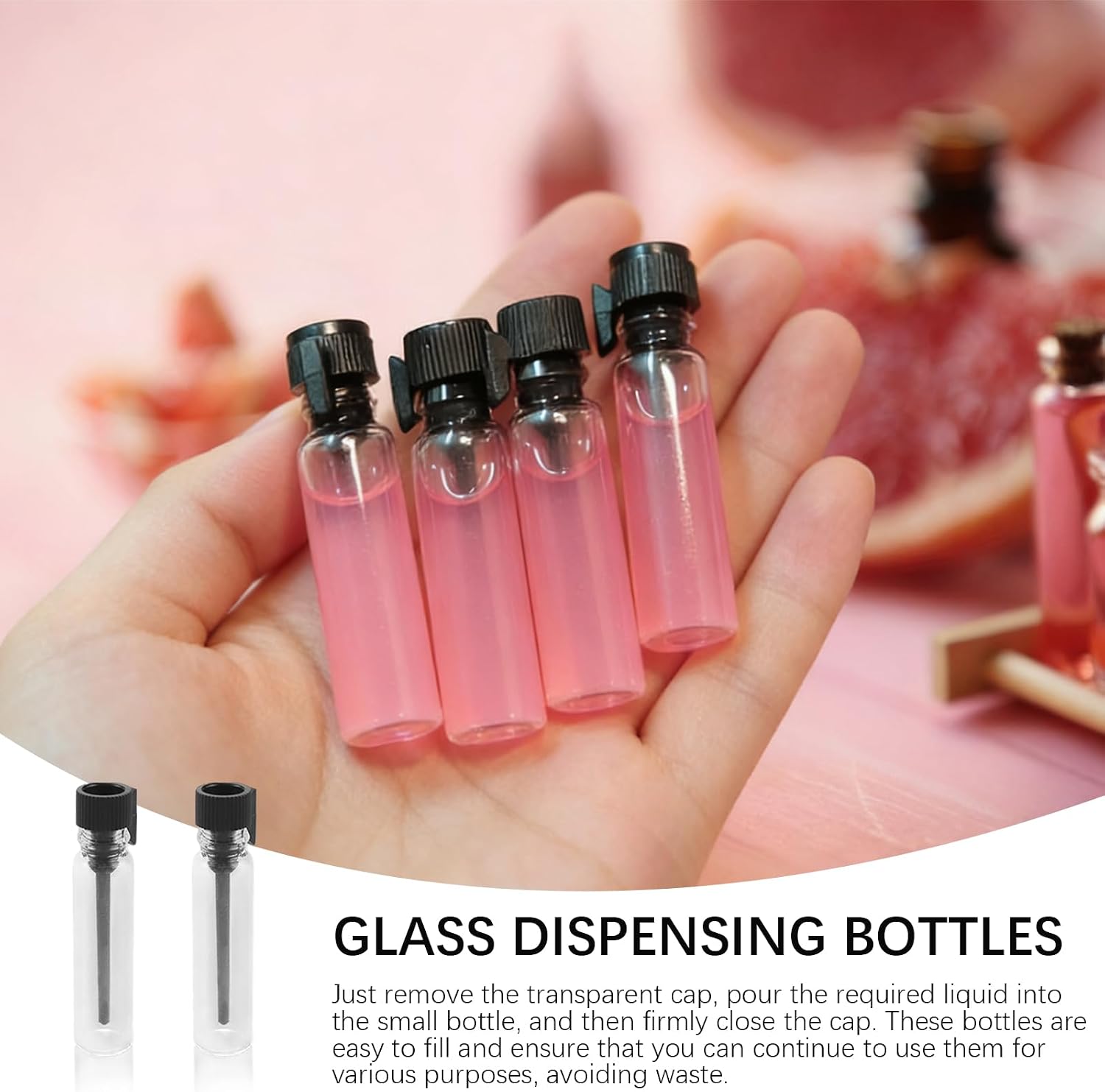 Bulk 100 Pack Mini Glass Perfume Bottles - 1ml Refillable Sample Vials with Black Cap for Essential Oils Perfume Samples Liquid Storage