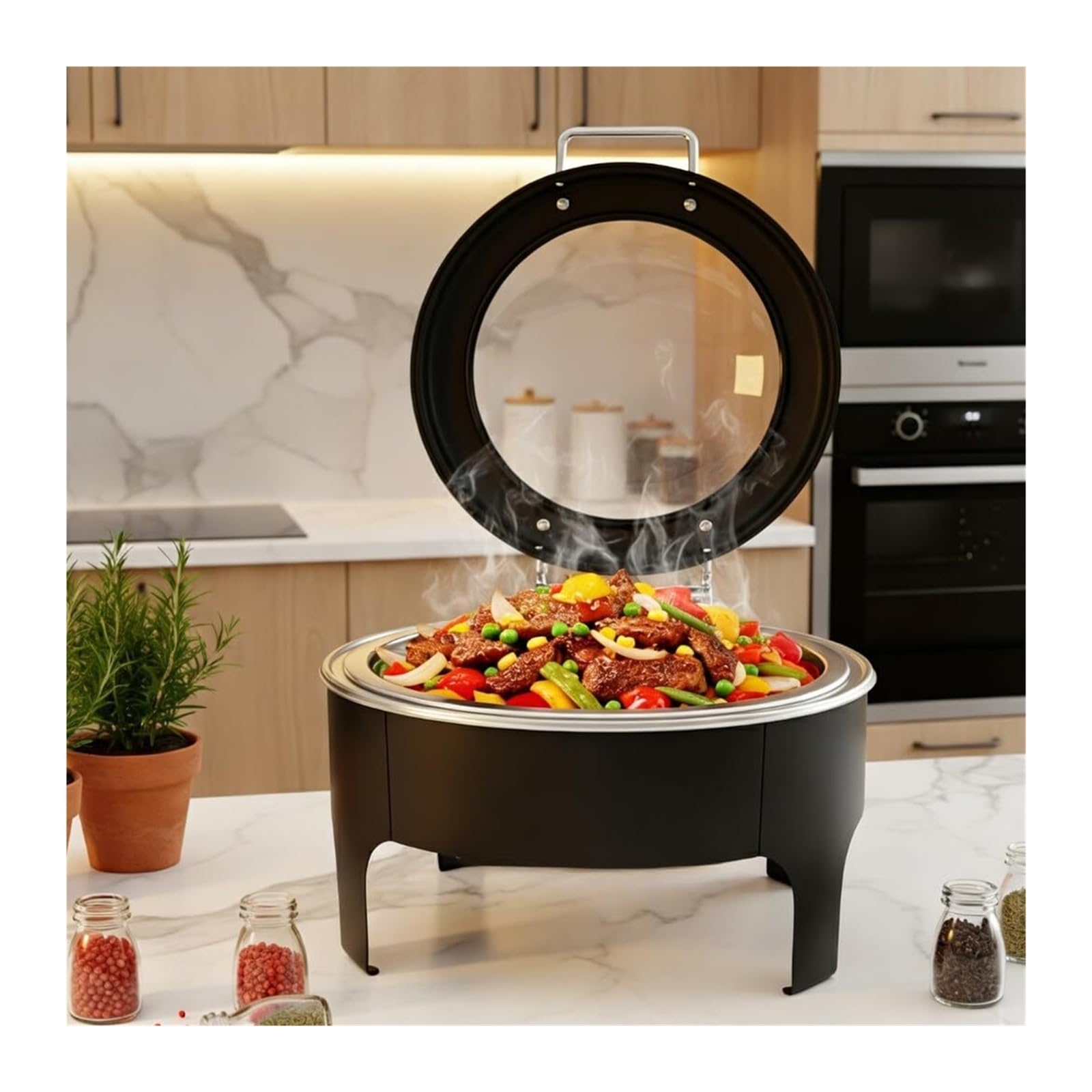 Scaldavivande neri rotondi in acciaio inossidabile Cucina a buffet | Buffet for Feste con Coperchio Idraulico Trasparente, Scalda Buffet
