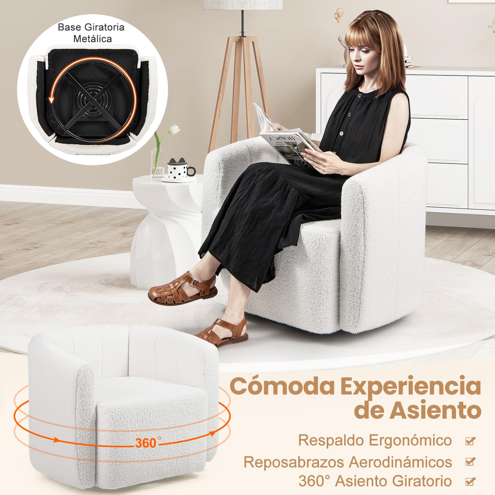 GIANTEX Sillón Giratorio con Respaldo Curvado y Asiento Suave, Silla Sofá Acolchada de Tejido Sherpa, 83 x 70 x 65 cm, Carga hasta 160 kg, Sillón de Relax para Salón, Dormitorio, Oficina