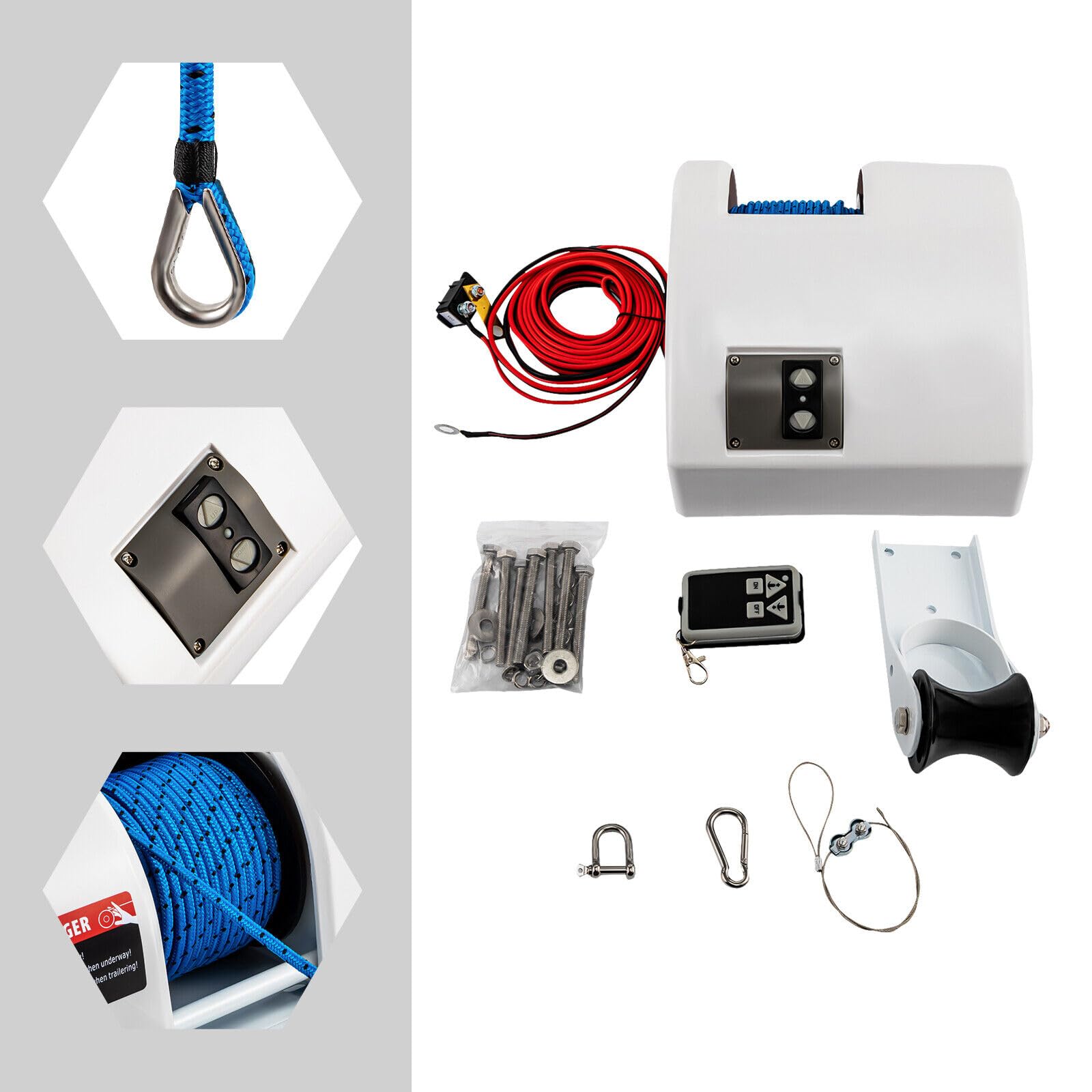 25LBS Verricello elettrico per barche, verricello elettrico ad acqua salata con 100 feet Anchor Rope e telecomando senza fili