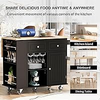 Vista 7 de NIOIIKIT Carrito de cocina con dos cajones y estantes abiertos, carrito de cocina con soportes para tazas de vino, mesa de cocina con toma